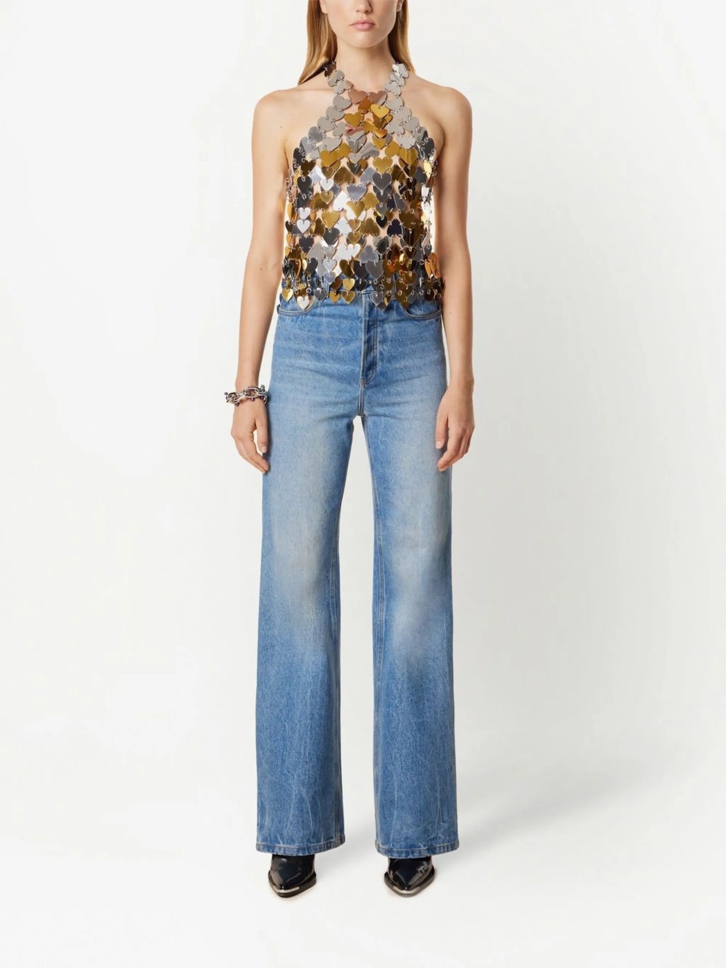 heart-paillettes metallic halterneck top