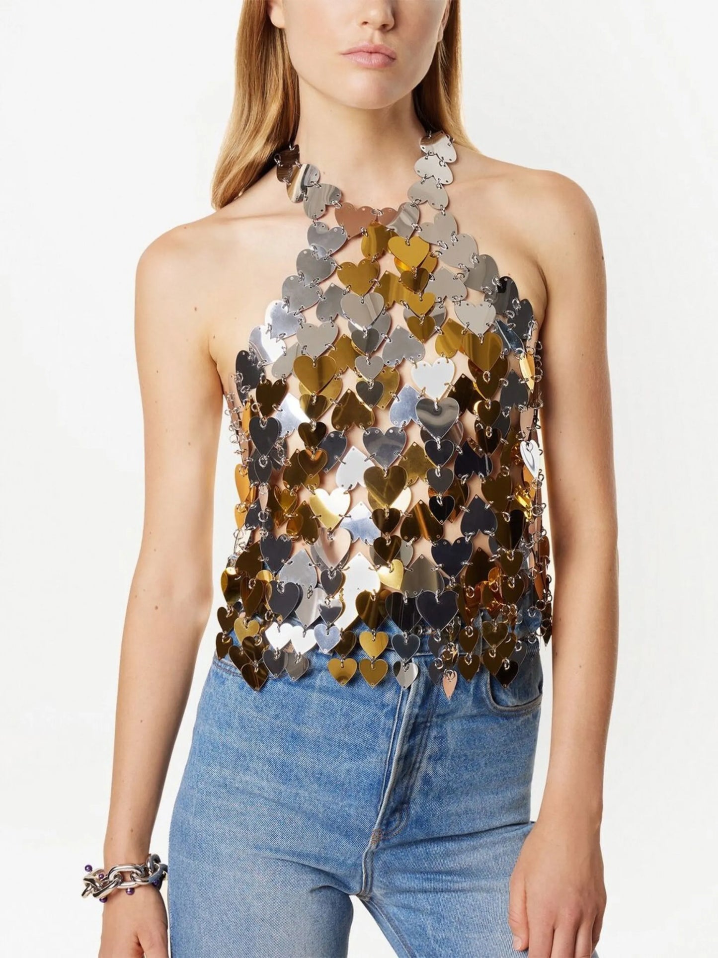 heart-paillettes metallic halterneck top