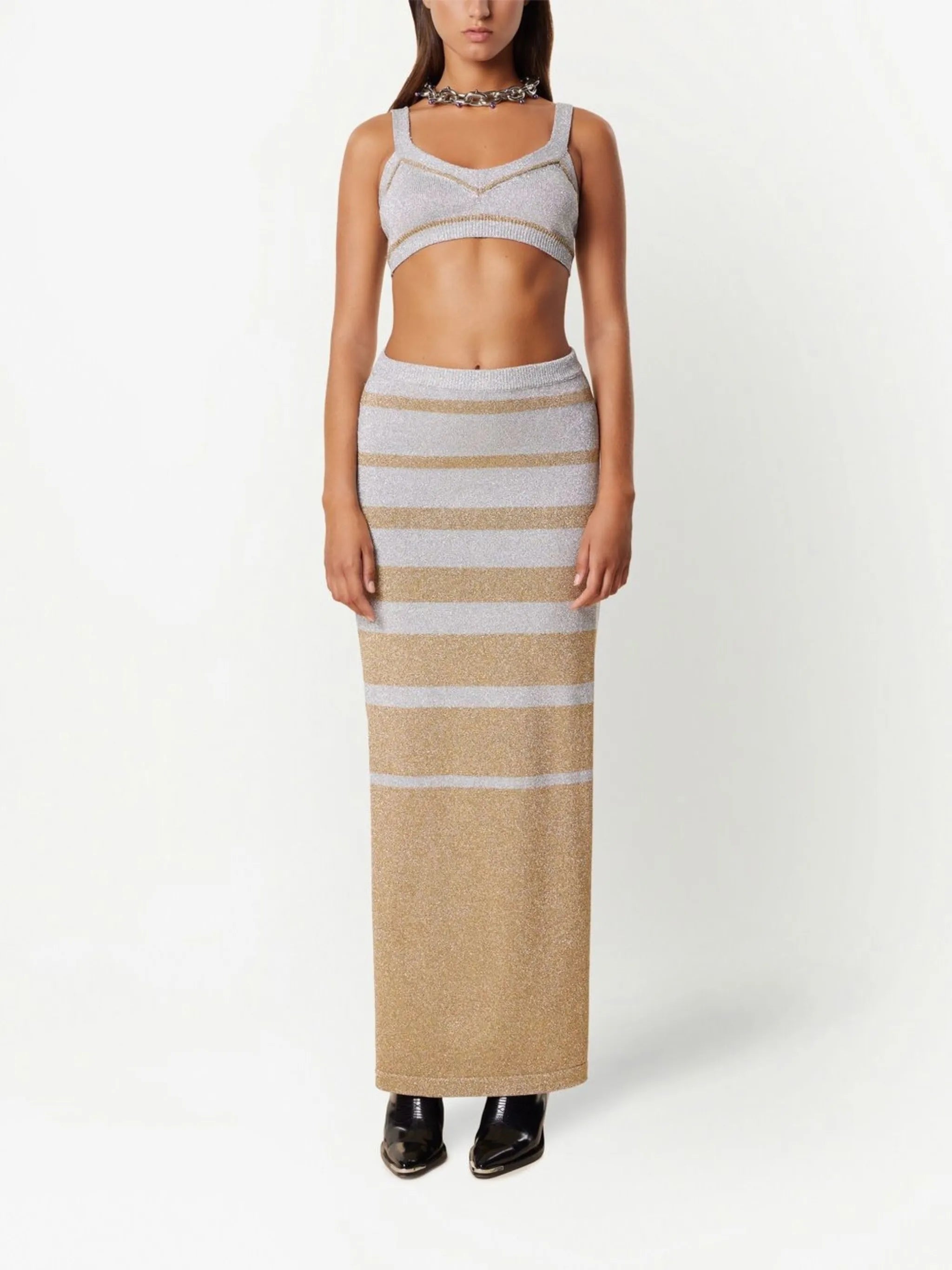 striped-pattern lurex maxi skirt