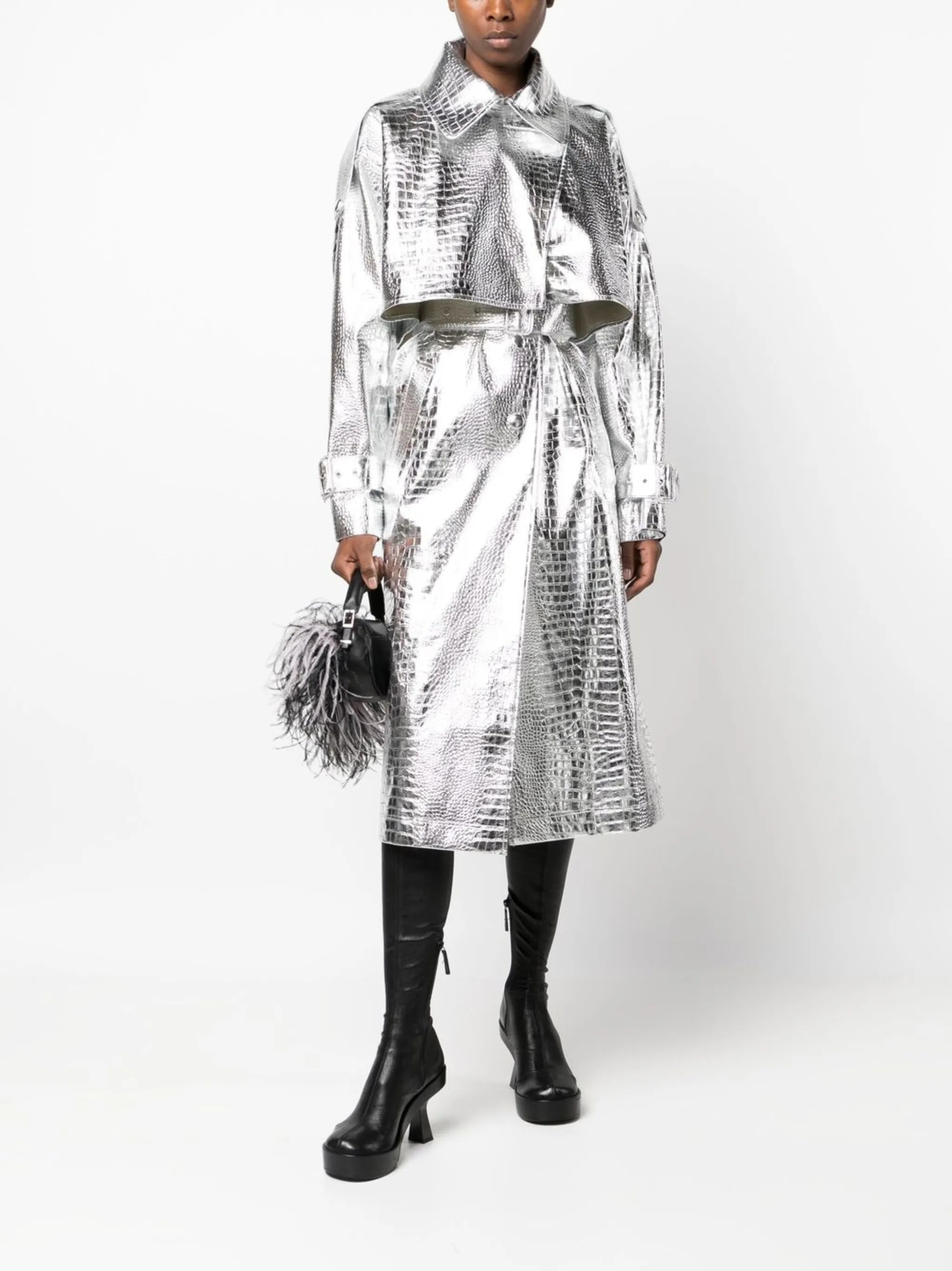 faux-leather double-breasted trench coat