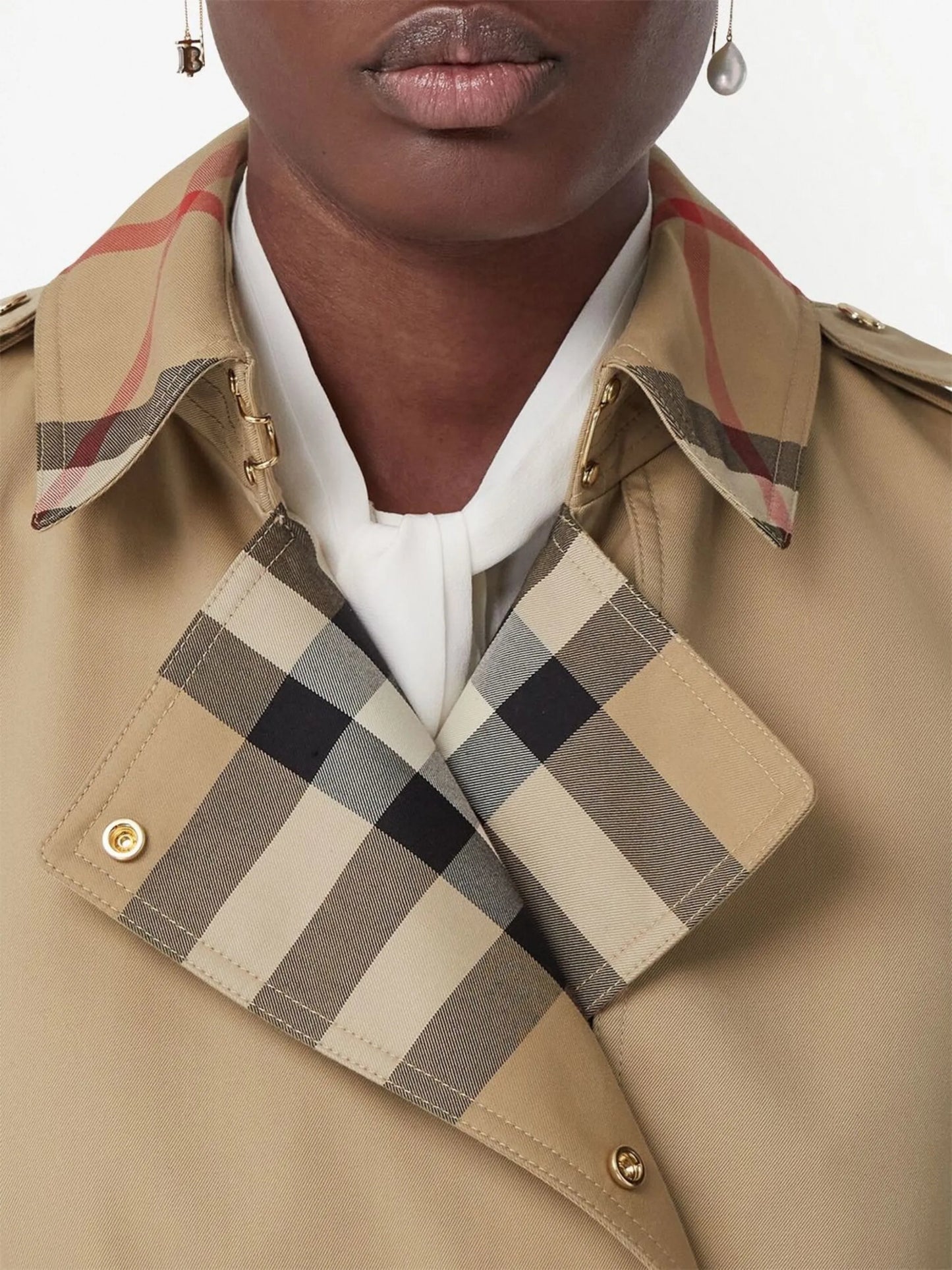 Exaggerated check-panel trench coat