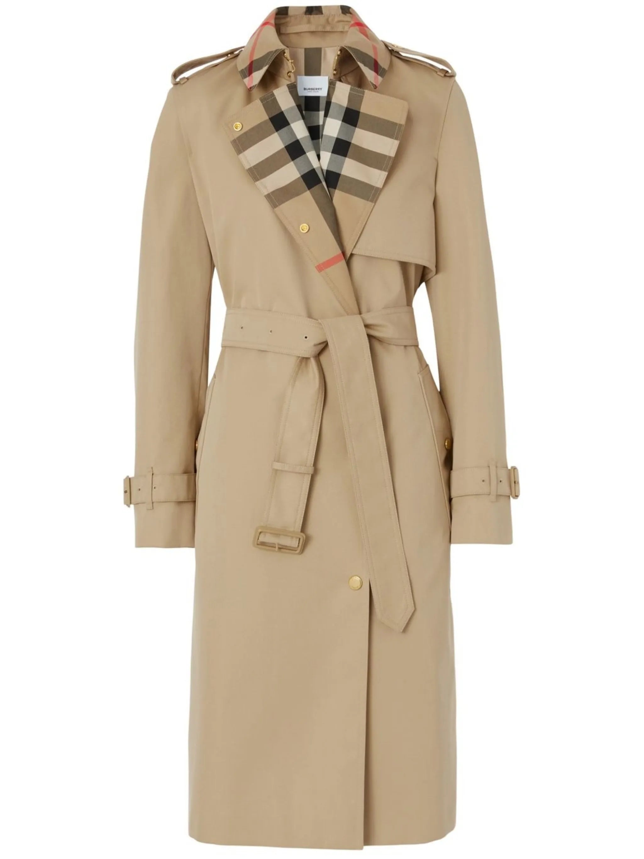 Exaggerated check-panel trench coat