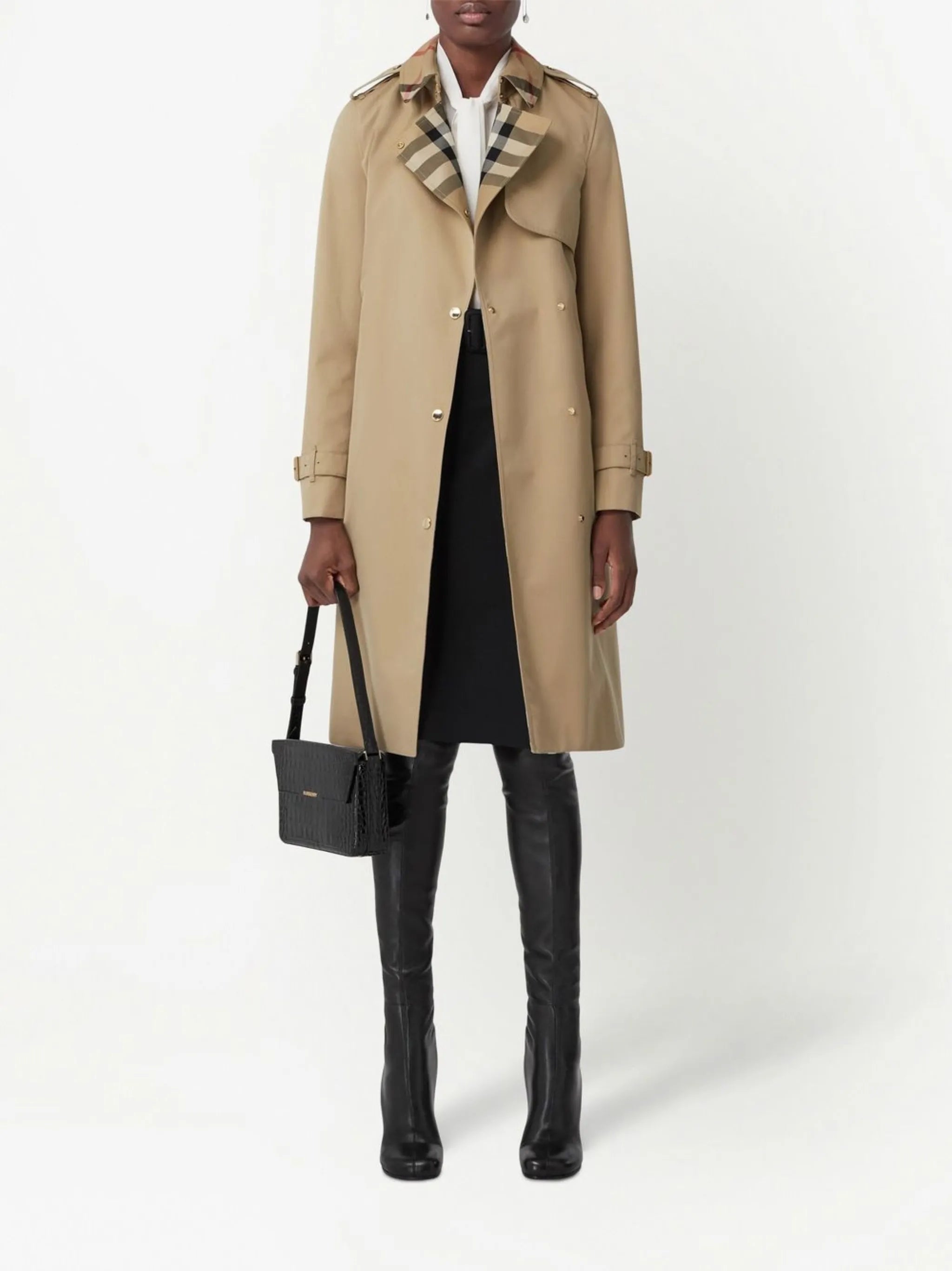 Exaggerated check-panel trench coat