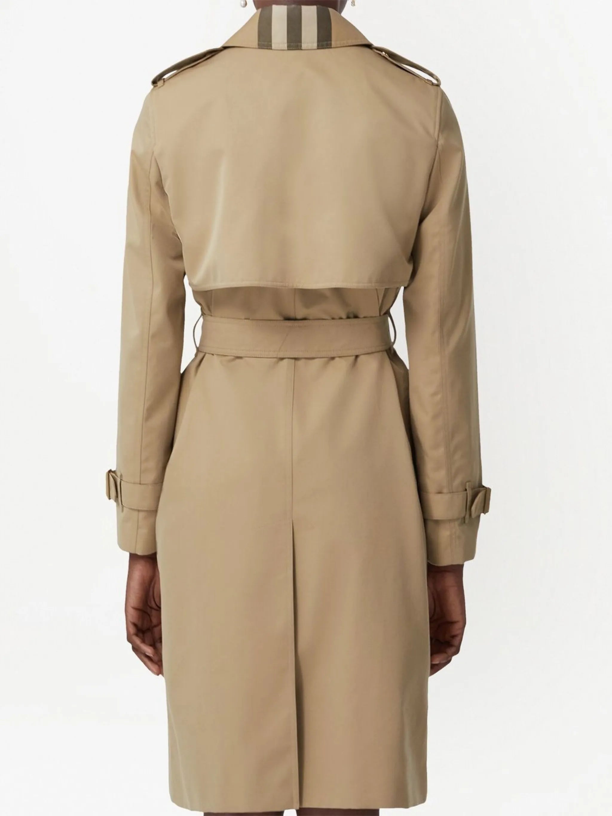 Exaggerated check-panel trench coat