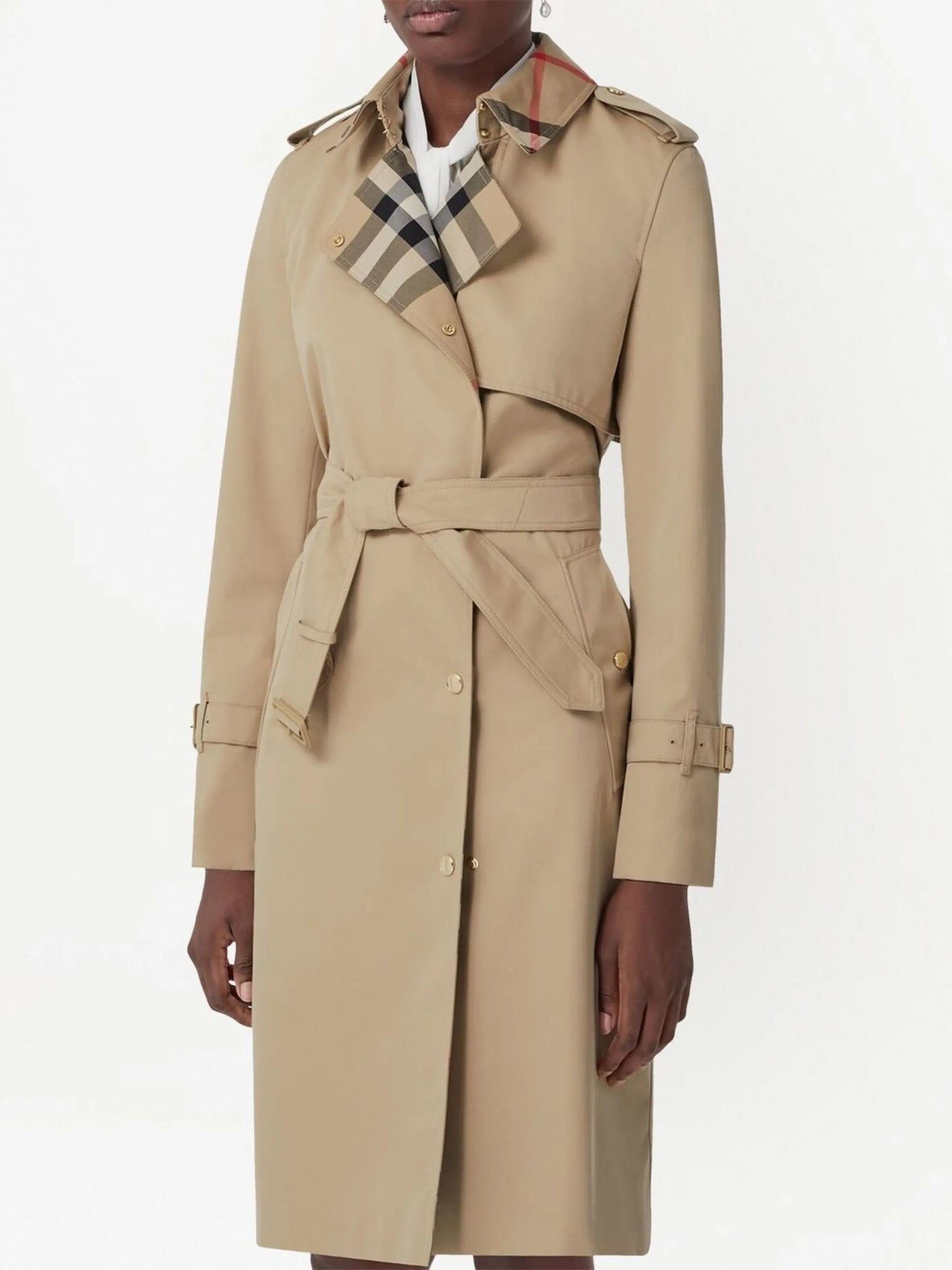 Exaggerated check-panel trench coat