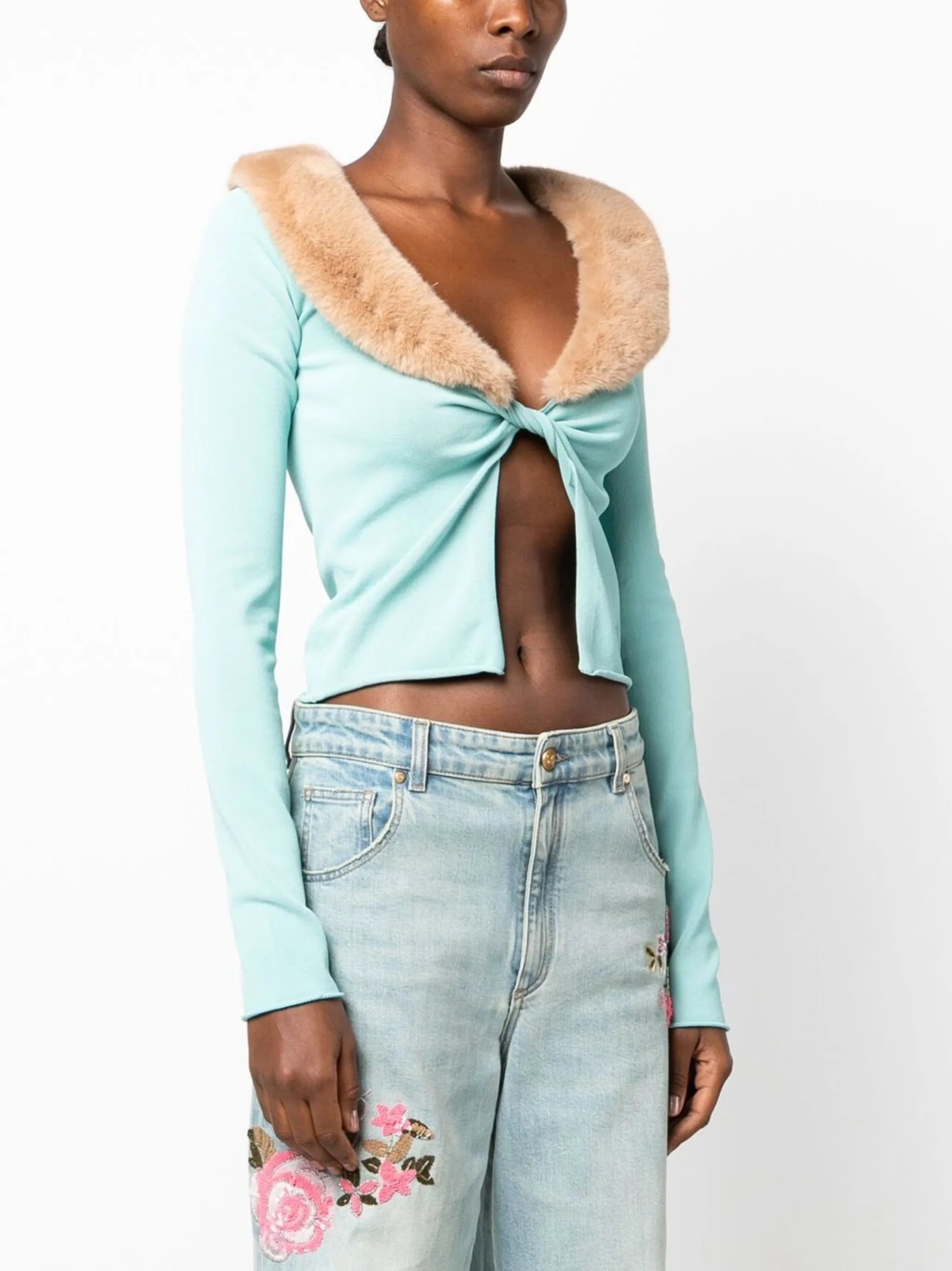 faux-fur collar twist cardigan