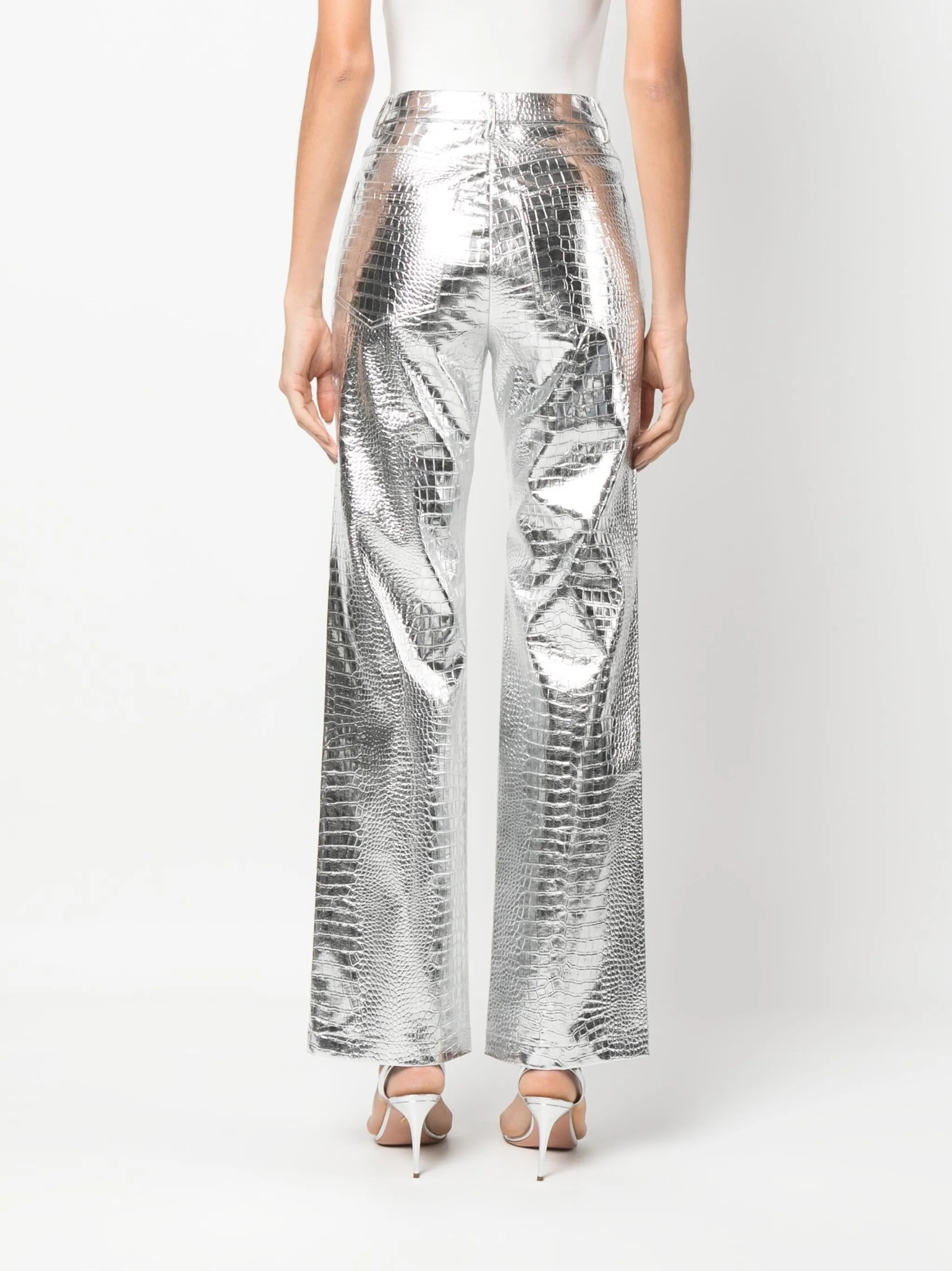 crocodile-effect high-waisted trousers