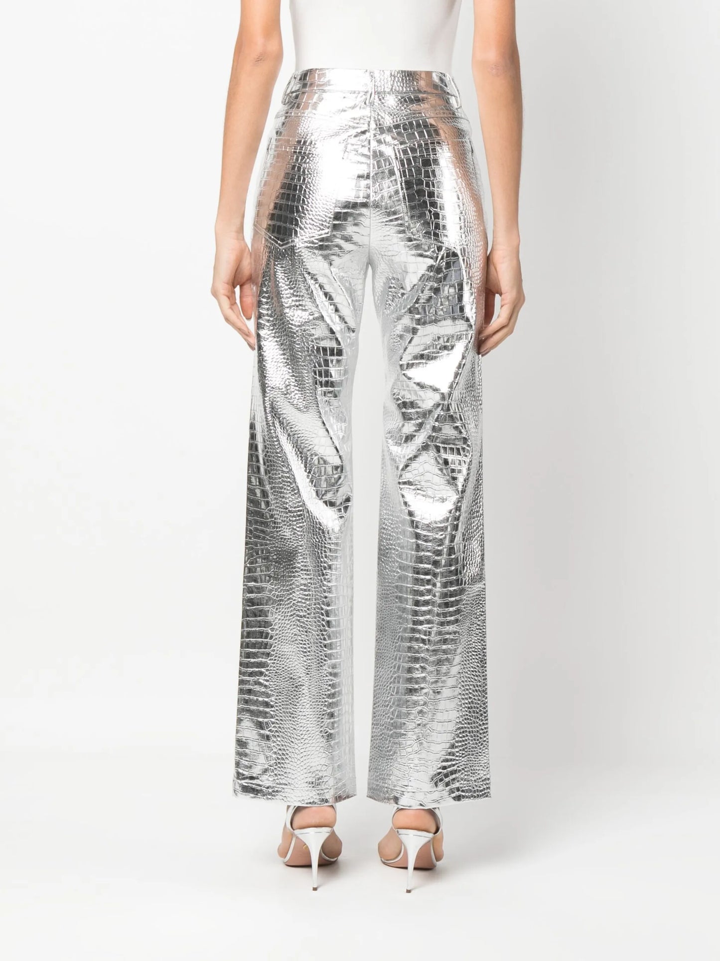 crocodile-effect high-waisted trousers