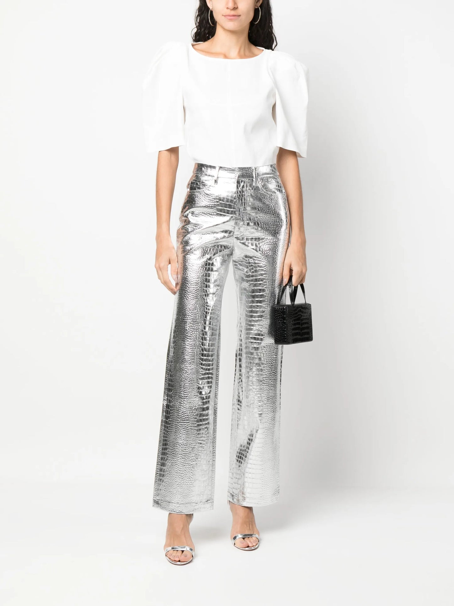 crocodile-effect high-waisted trousers