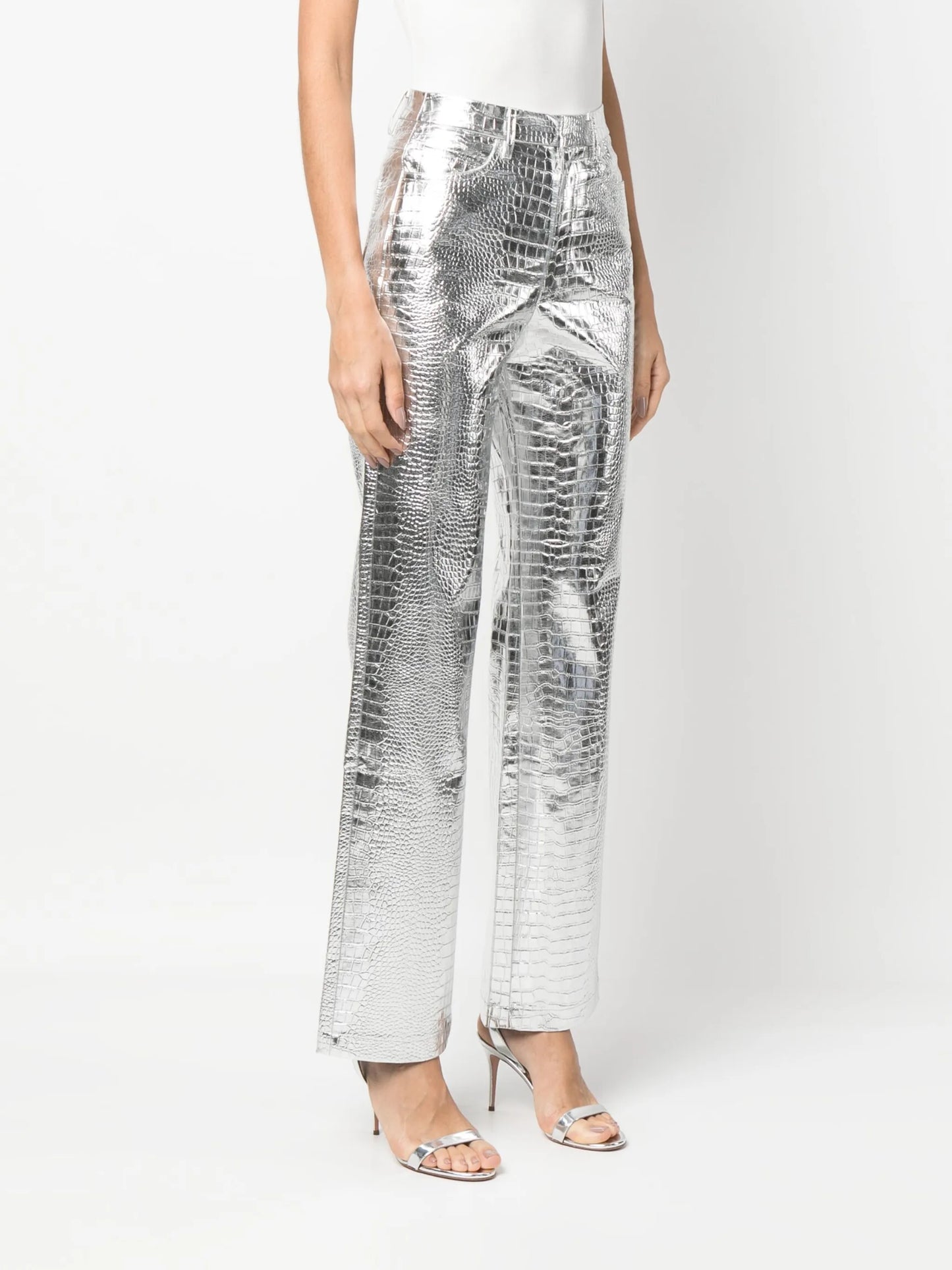 crocodile-effect high-waisted trousers