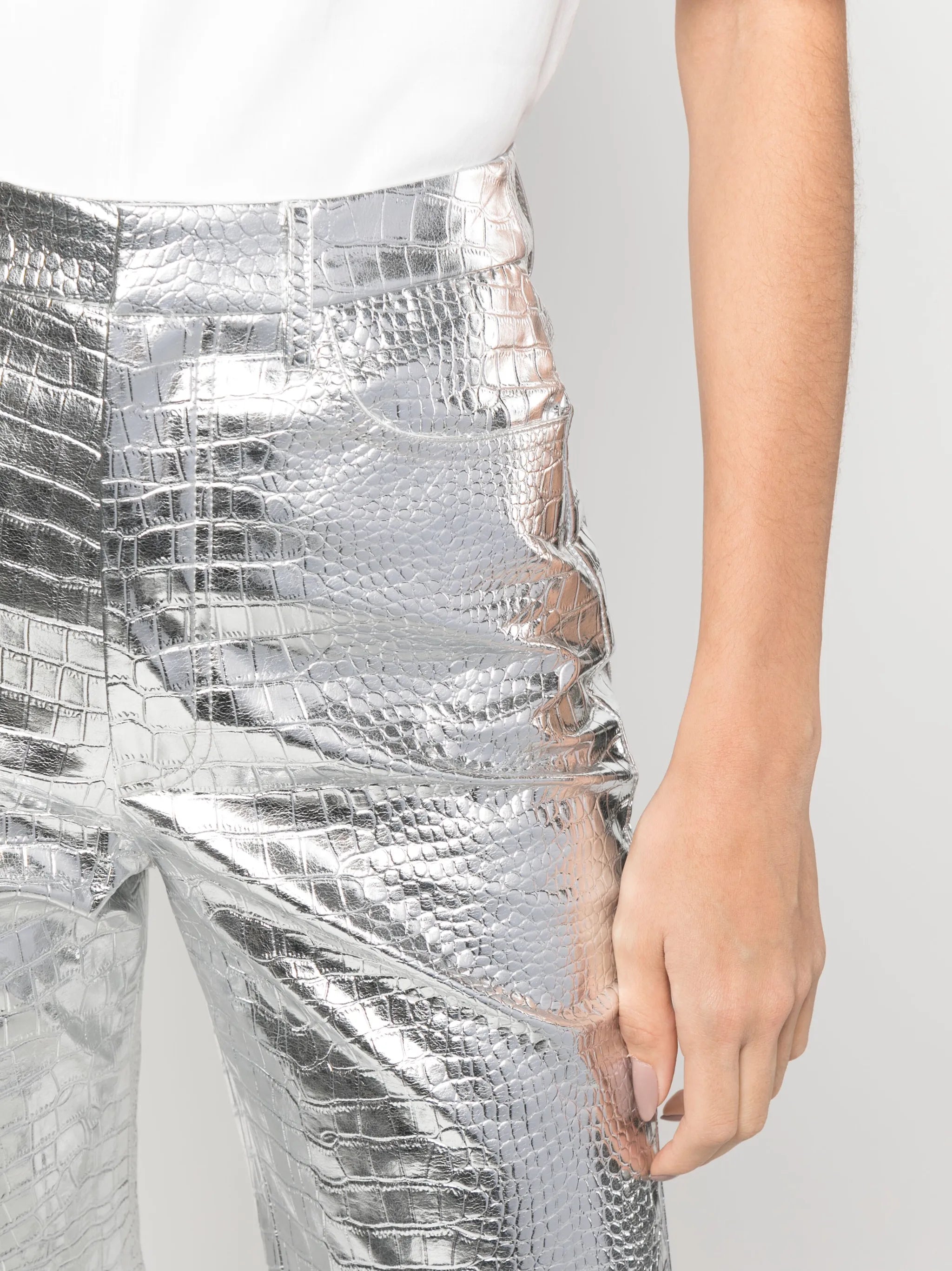 crocodile-effect high-waisted trousers