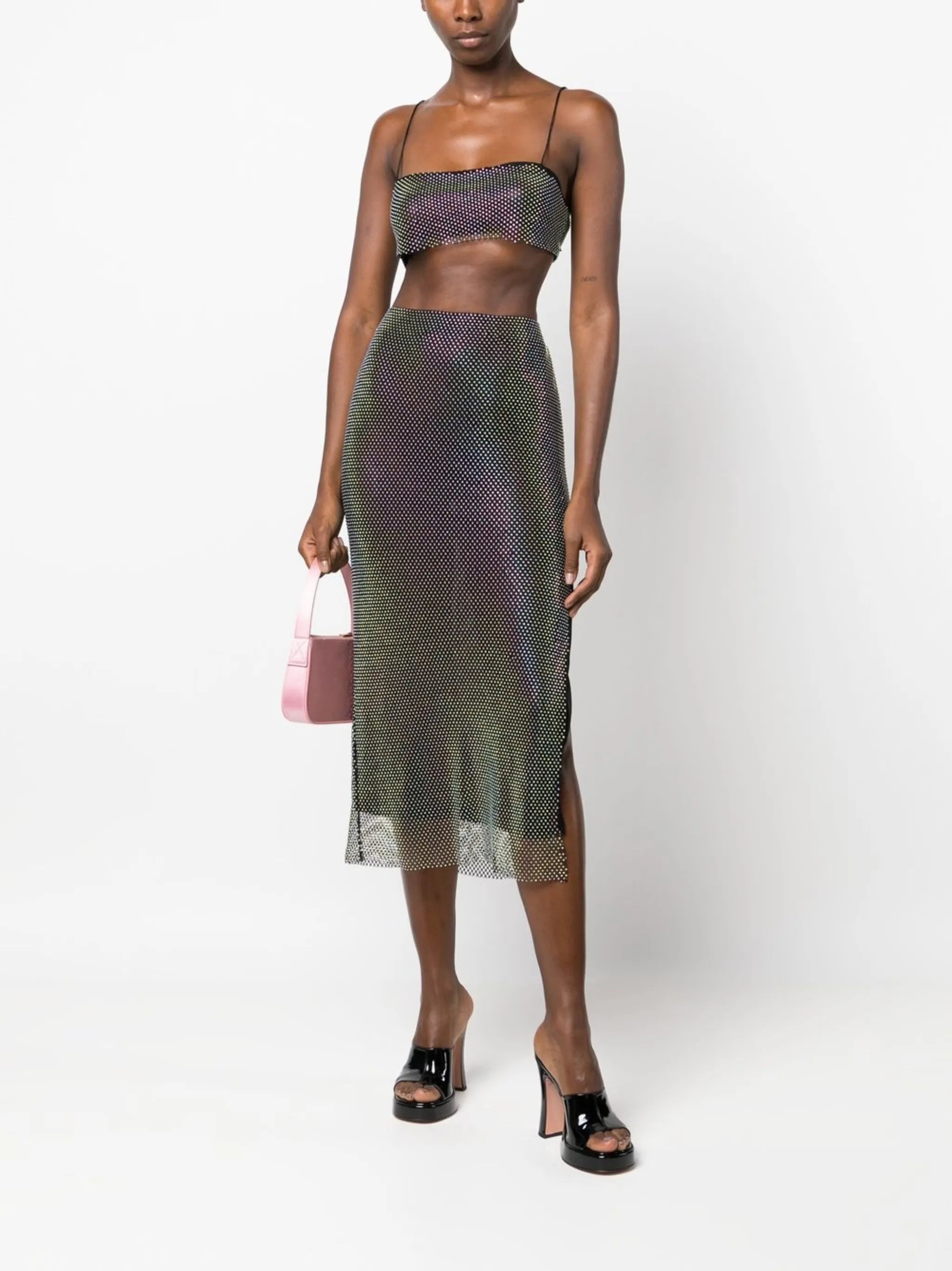 crystal-embellished mesh midi-skirt
