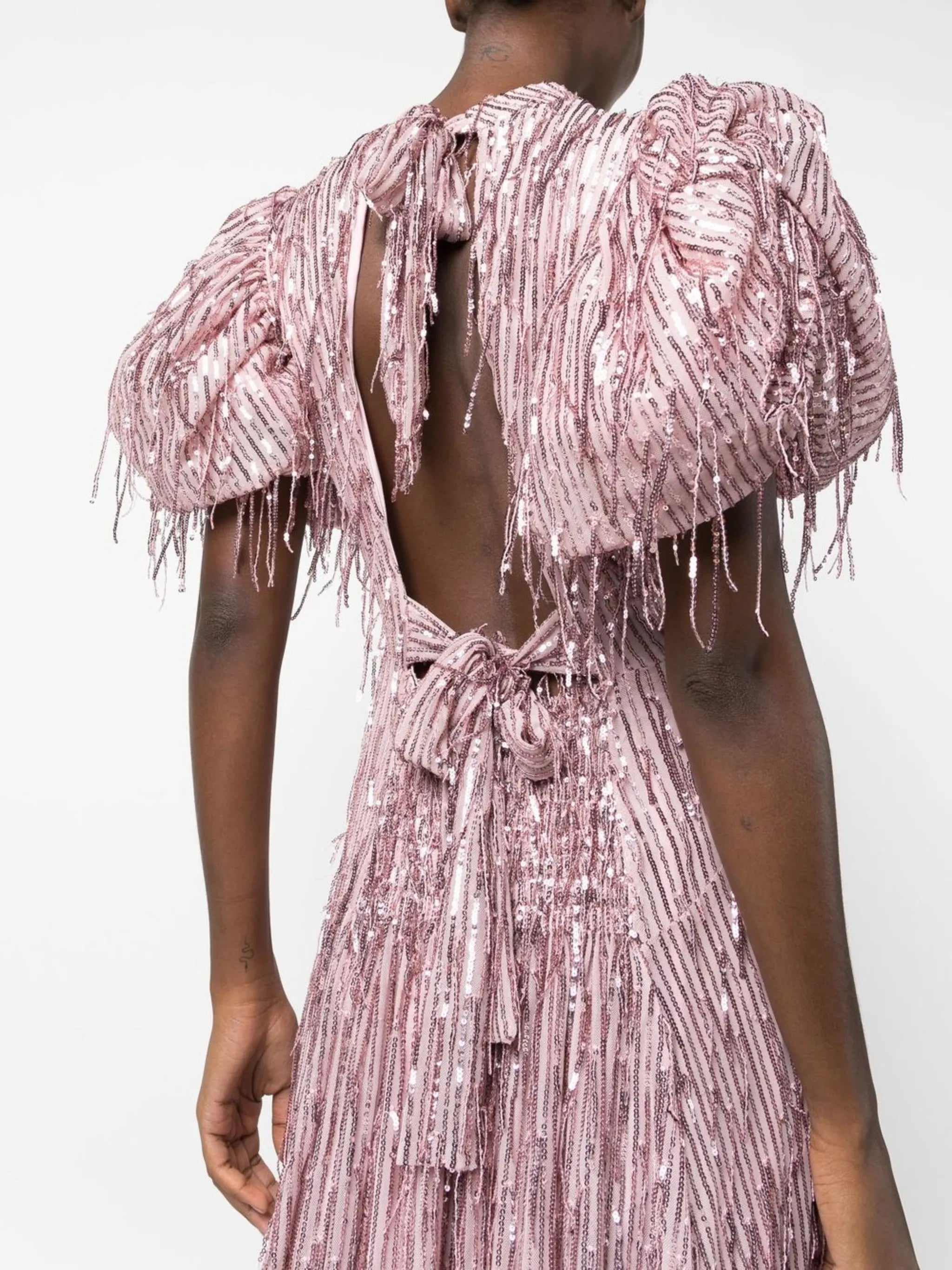 puff-sleeve sequin fringed dress