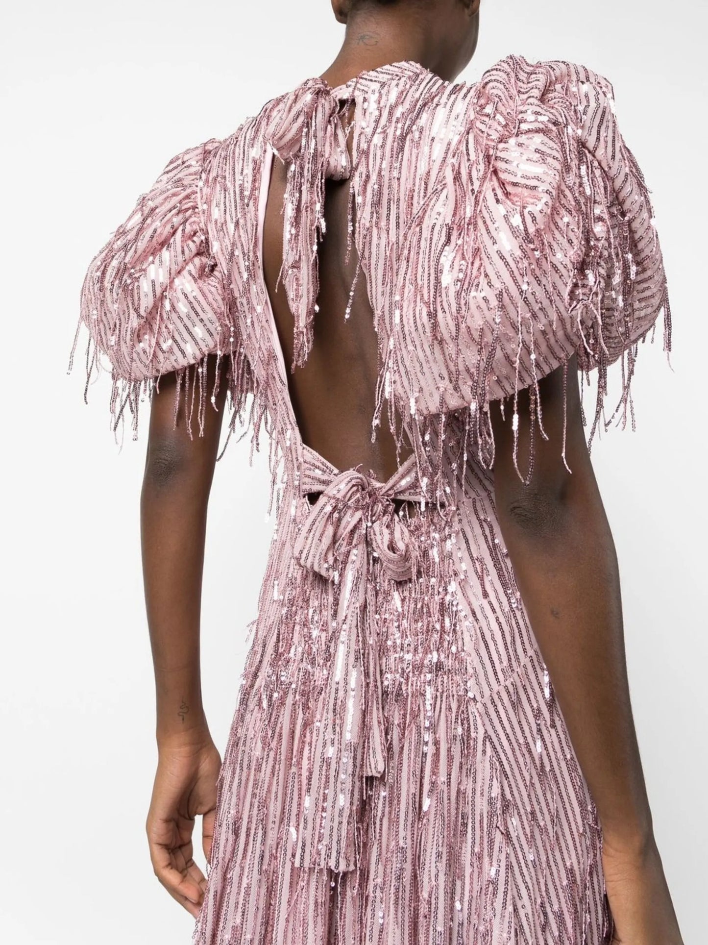 puff-sleeve sequin fringed dress