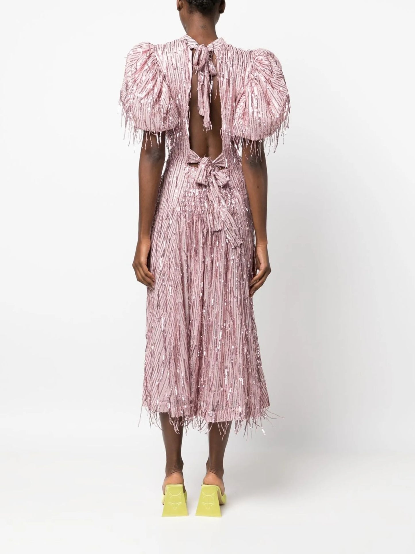 puff-sleeve sequin fringed dress
