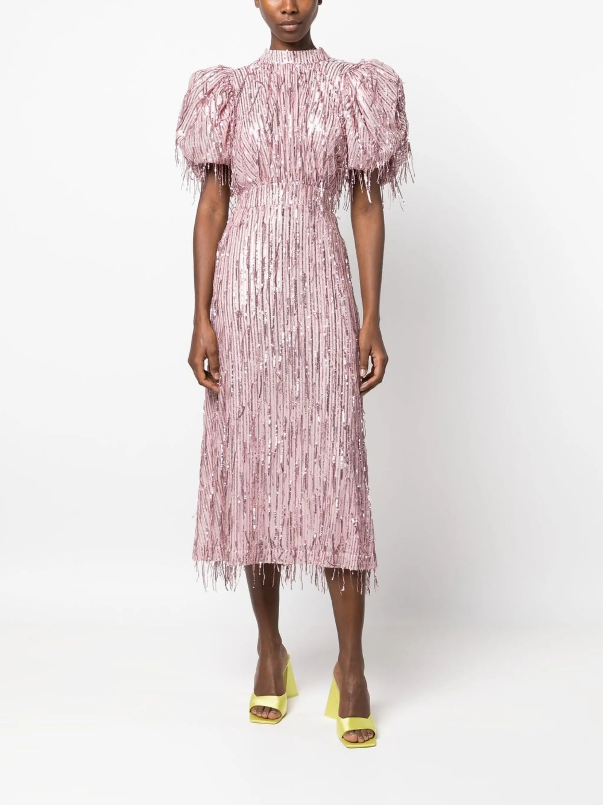puff-sleeve sequin fringed dress