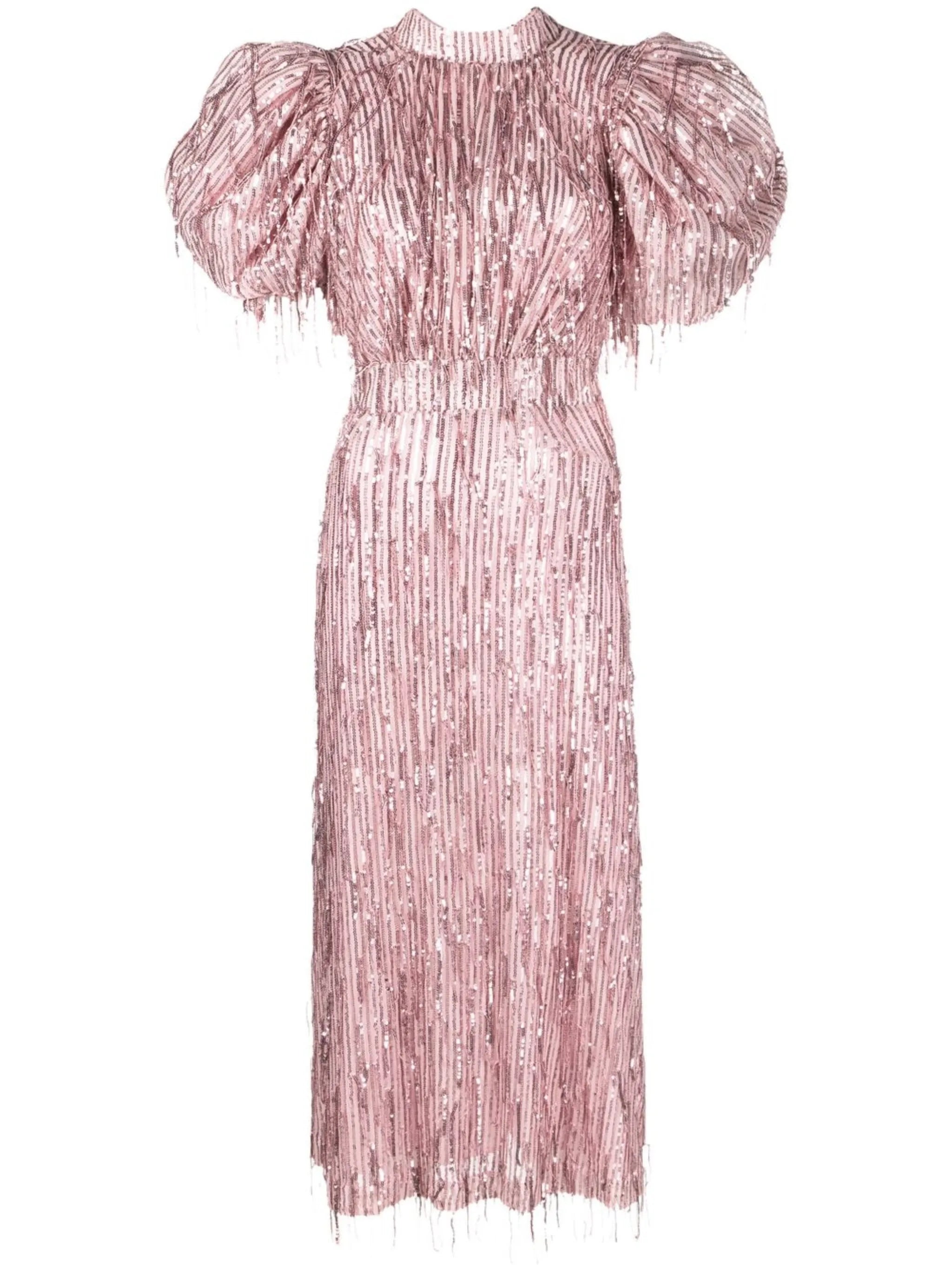 puff-sleeve sequin fringed dress