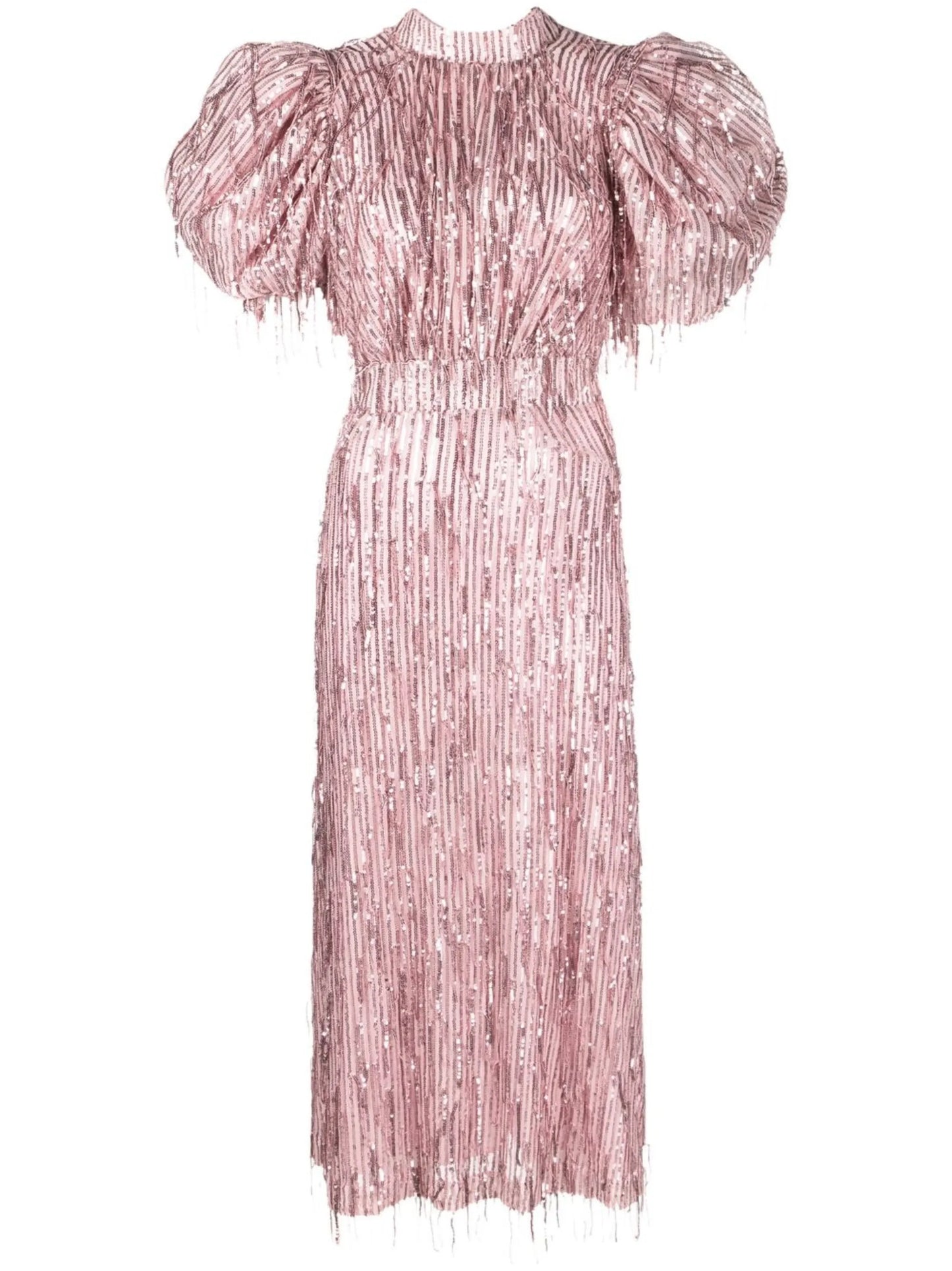 puff-sleeve sequin fringed dress
