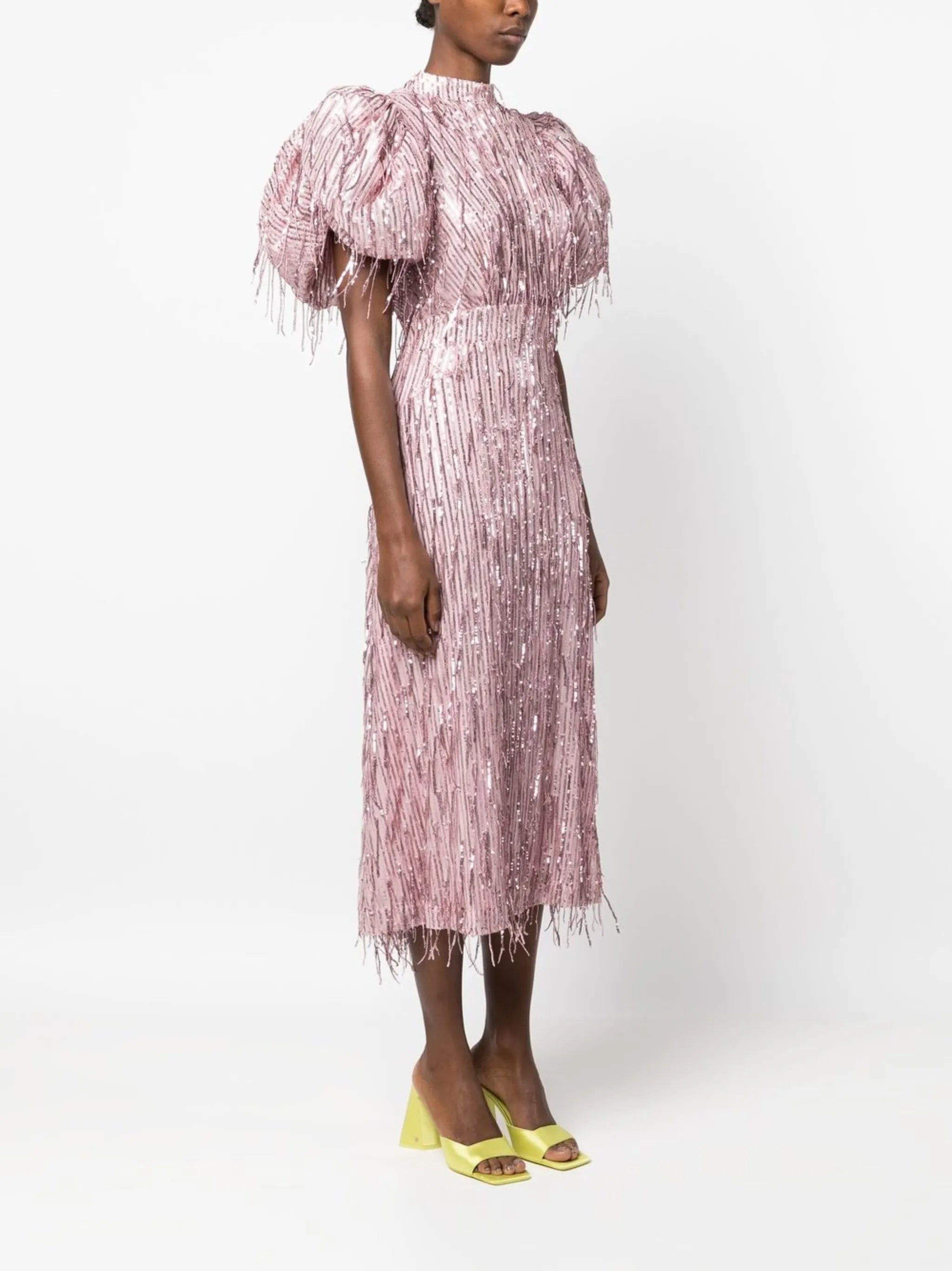 puff-sleeve sequin fringed dress