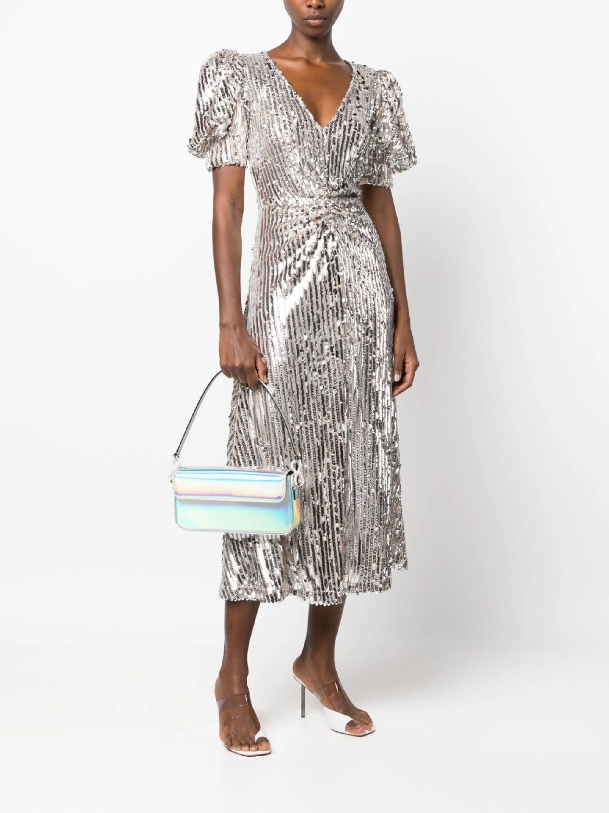 puff-sleeve sequin midi dress