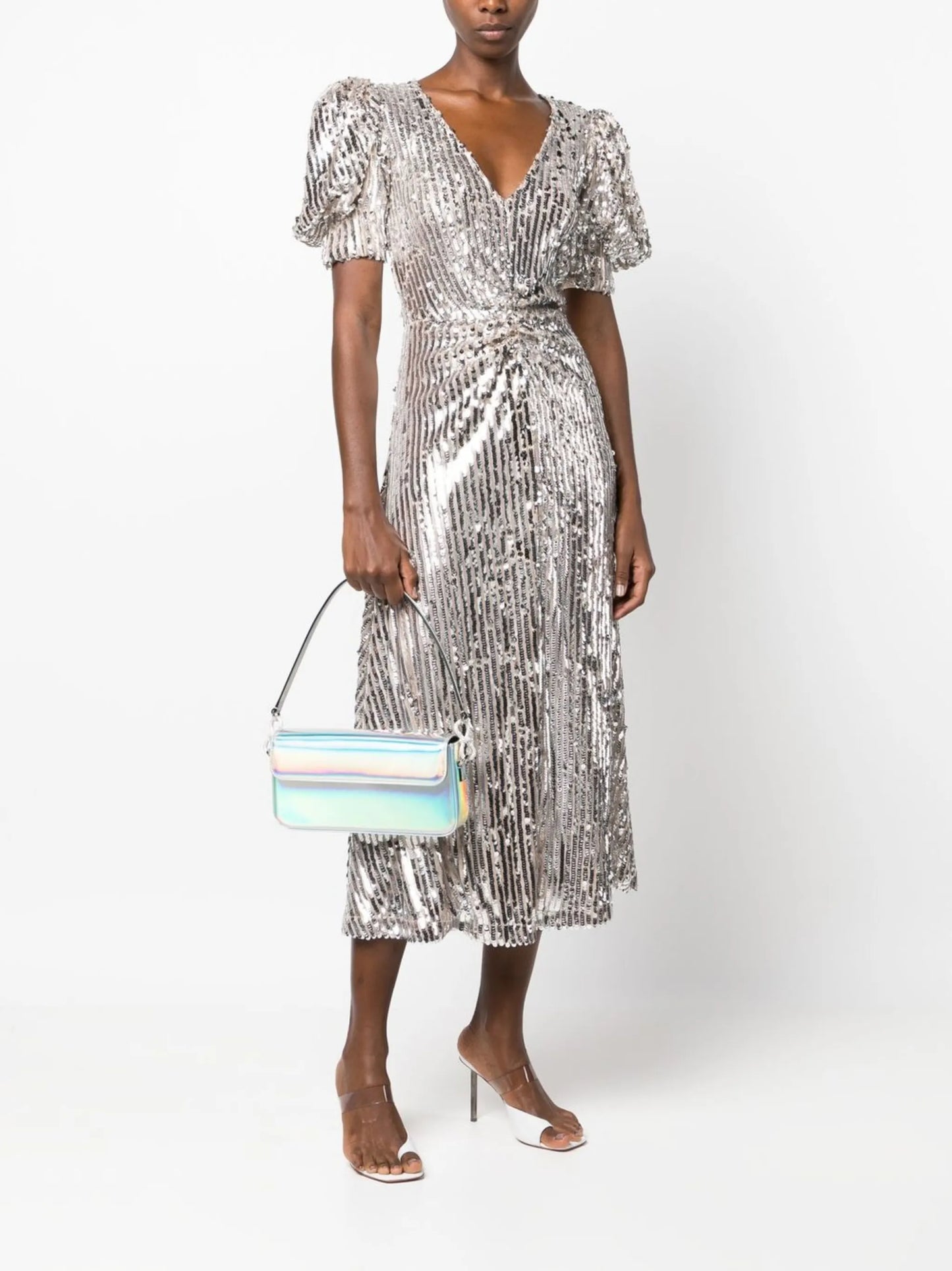 puff-sleeve sequin midi dress