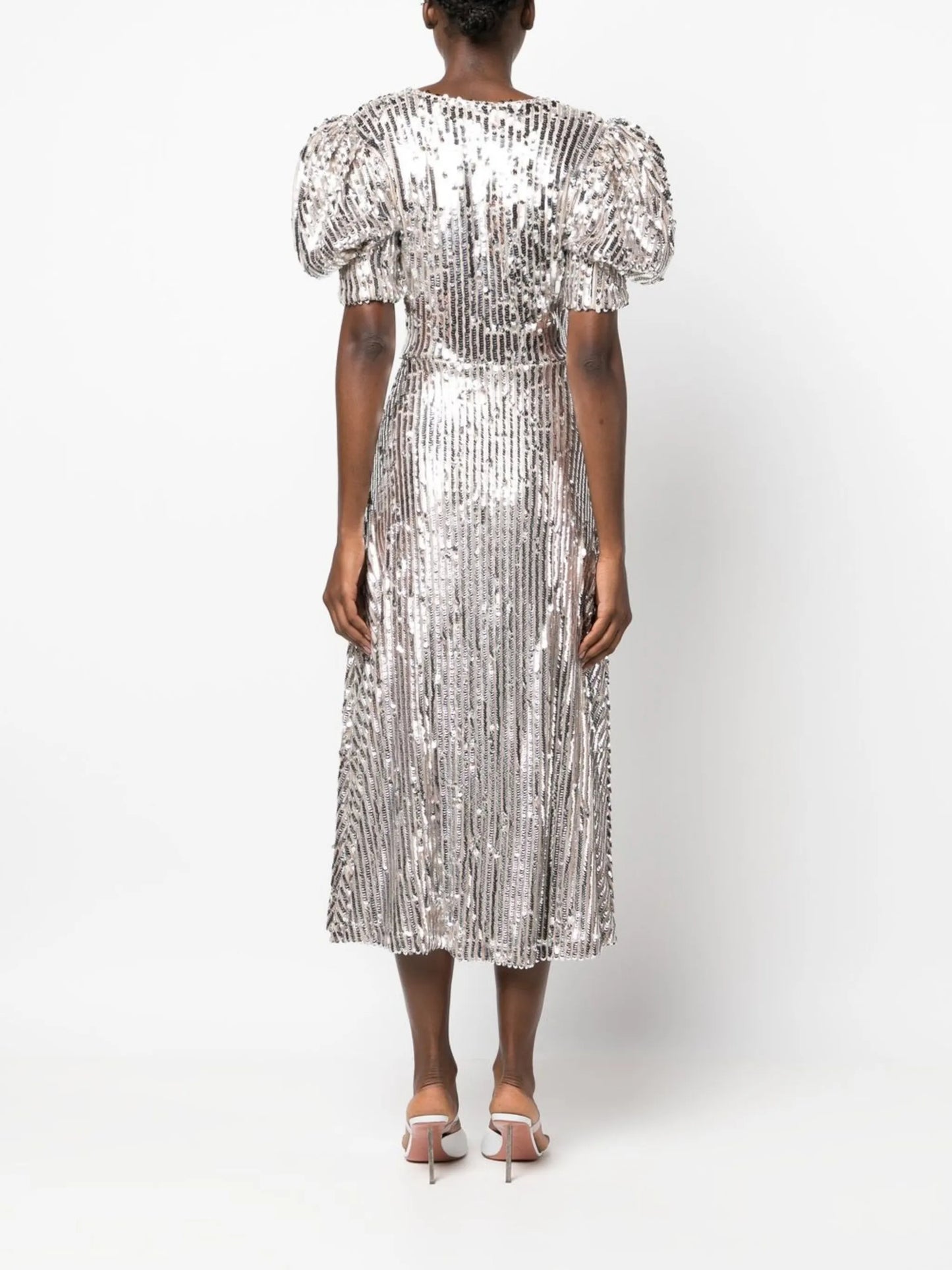 puff-sleeve sequin midi dress