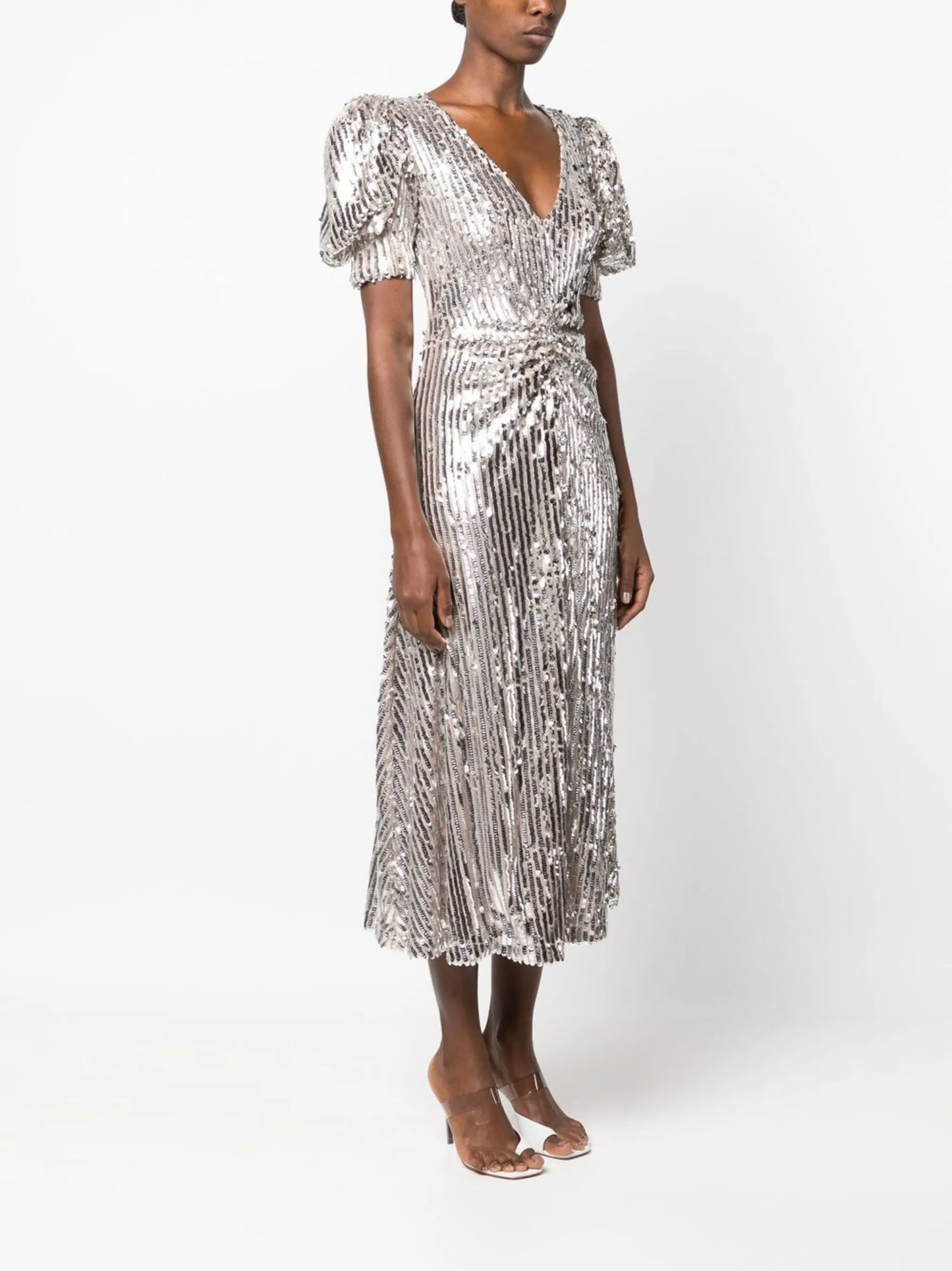 puff-sleeve sequin midi dress