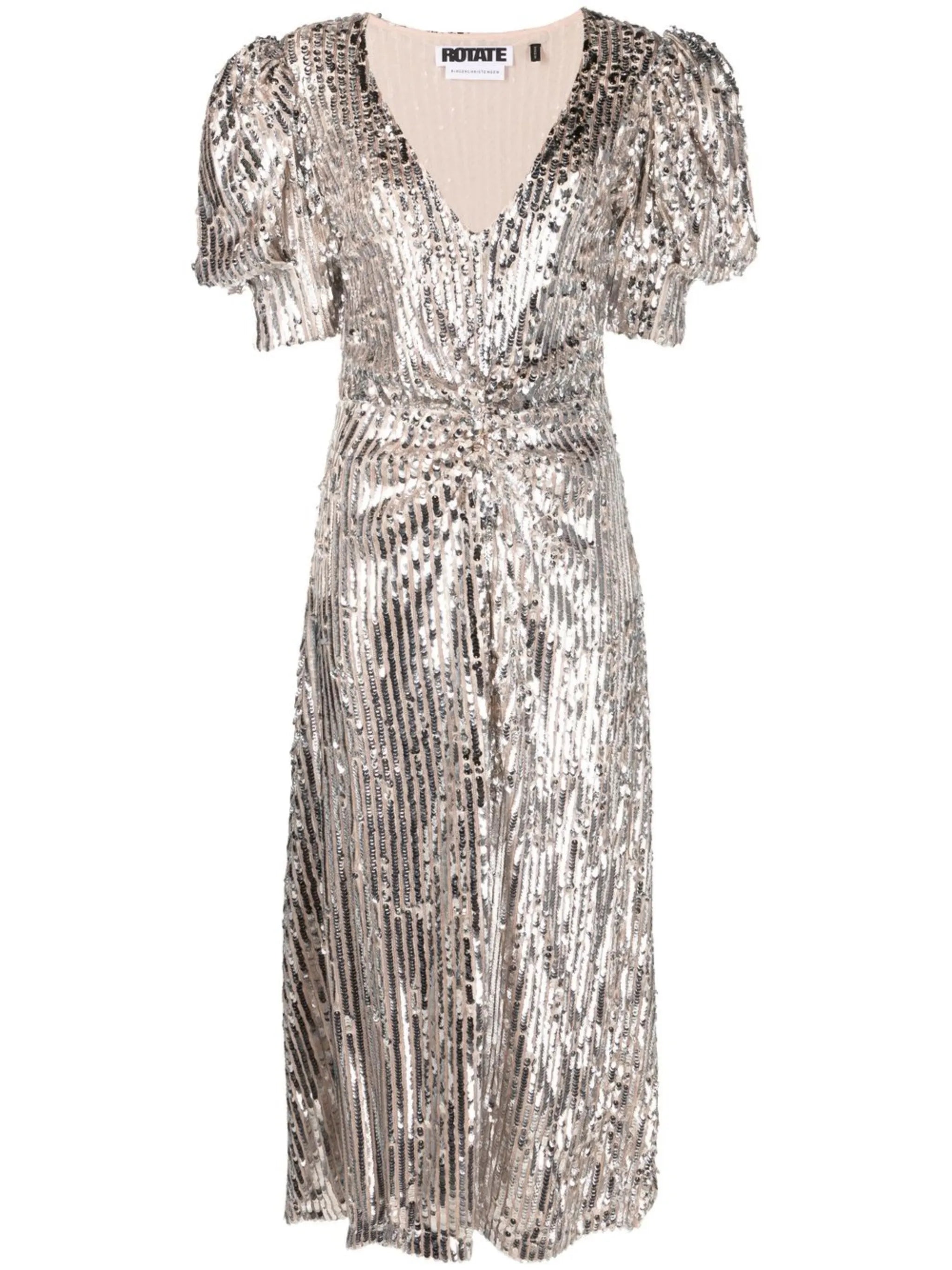 puff-sleeve sequin midi dress