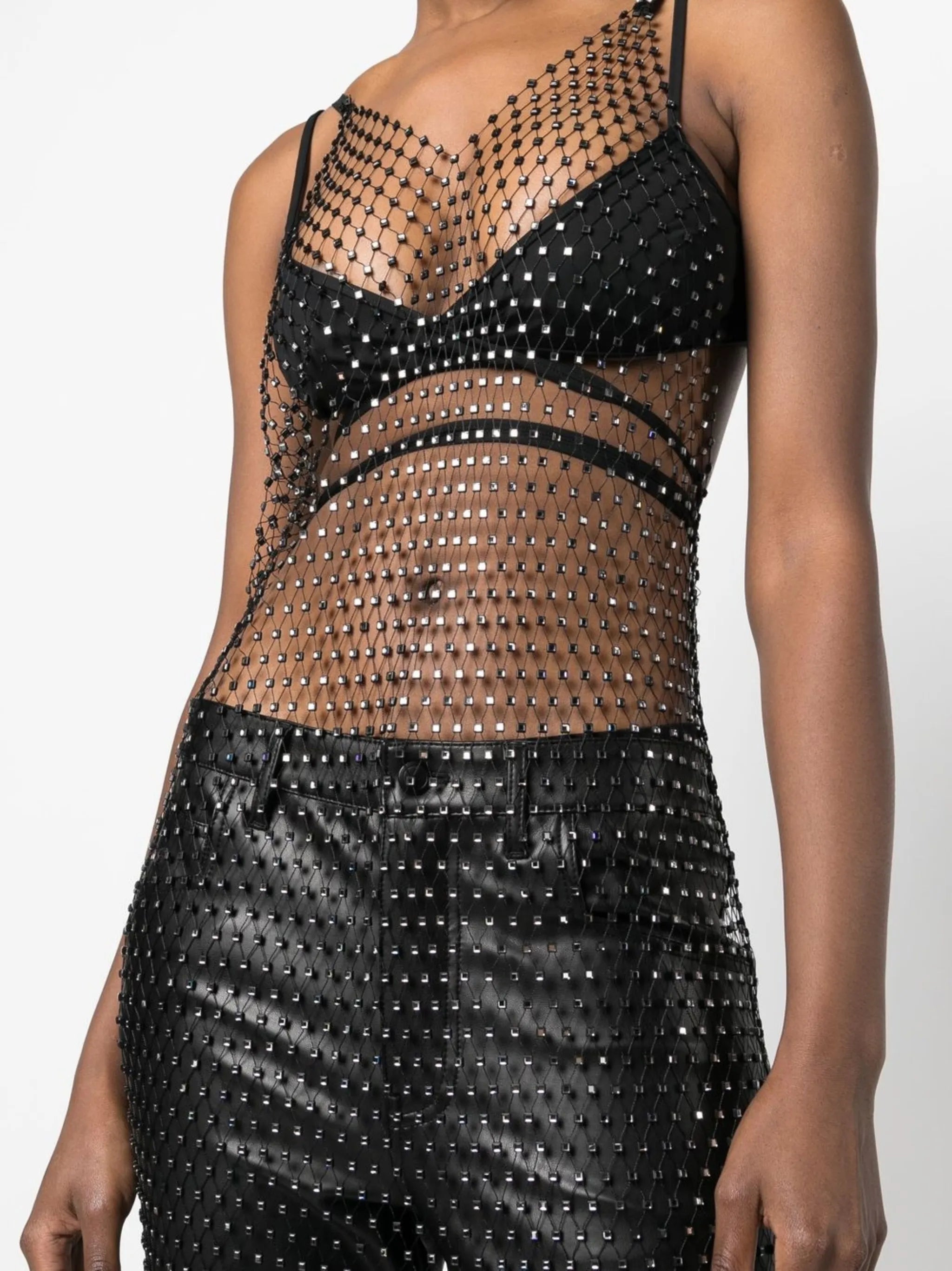 sleeveless crystal net midi-dress