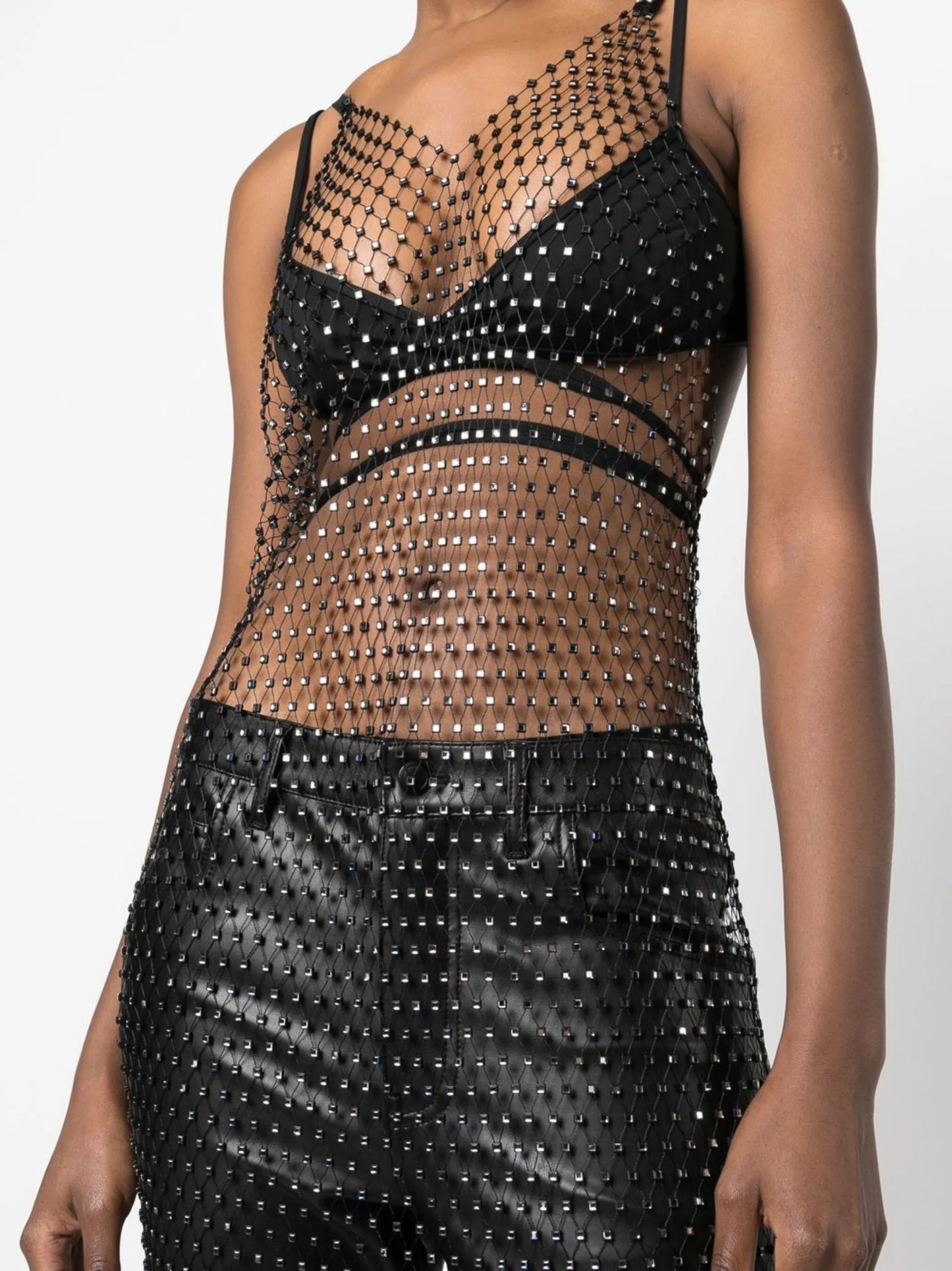 sleeveless crystal net midi-dress