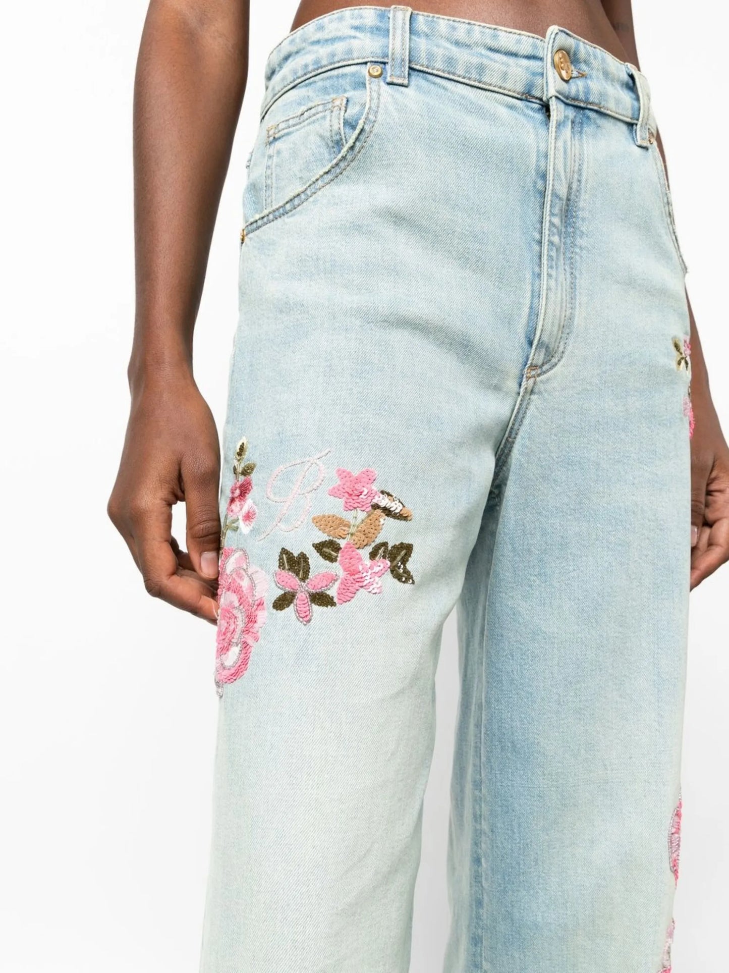floral-embroidered straight-leg jeans