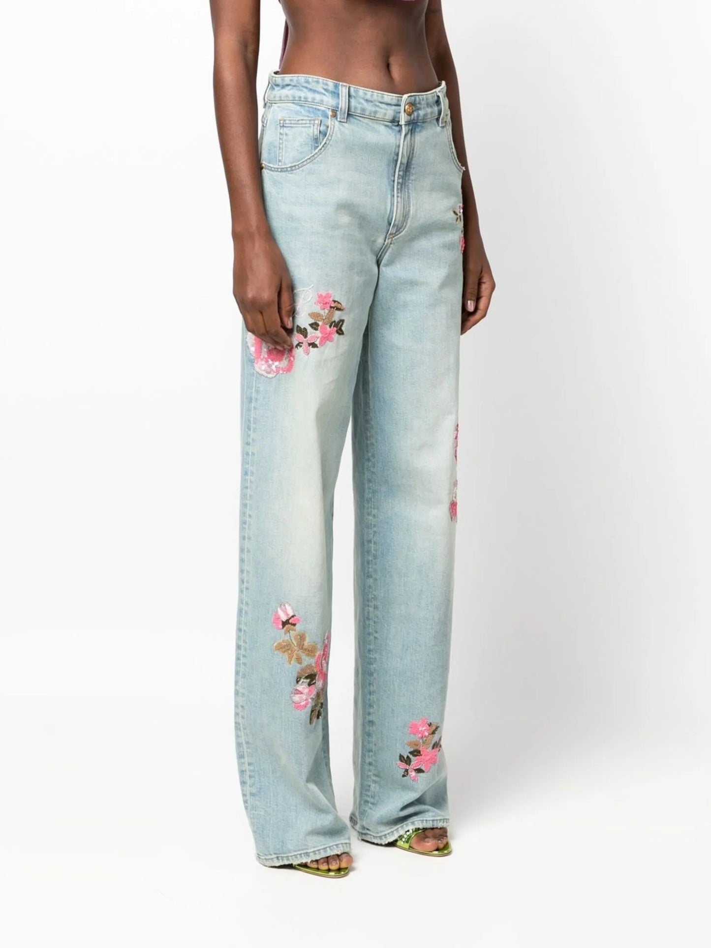 floral-embroidered straight-leg jeans