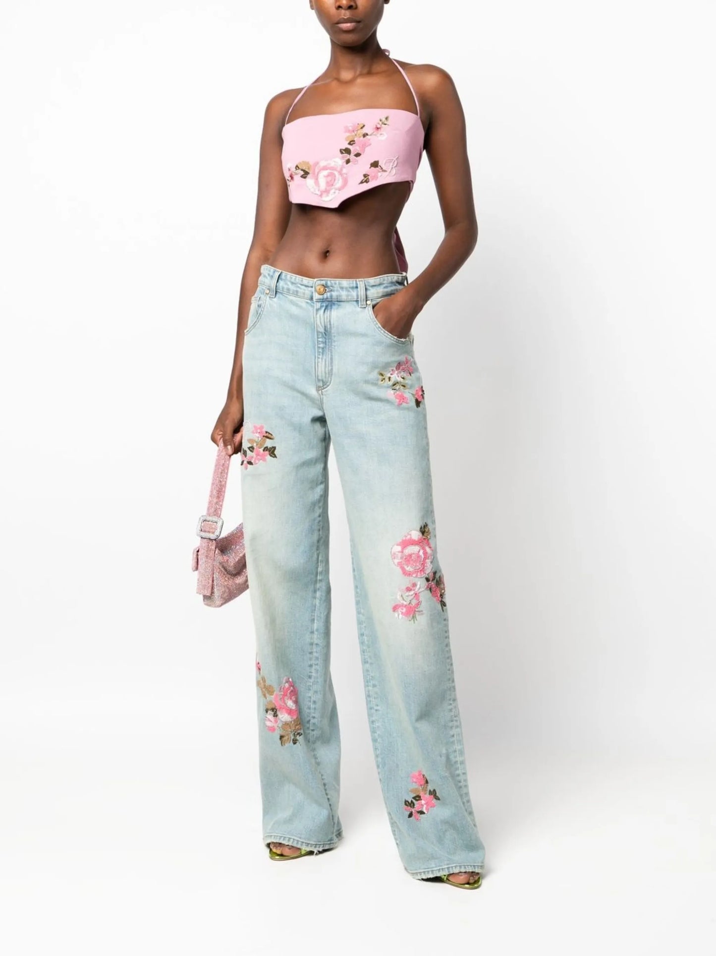 floral-embroidered straight-leg jeans