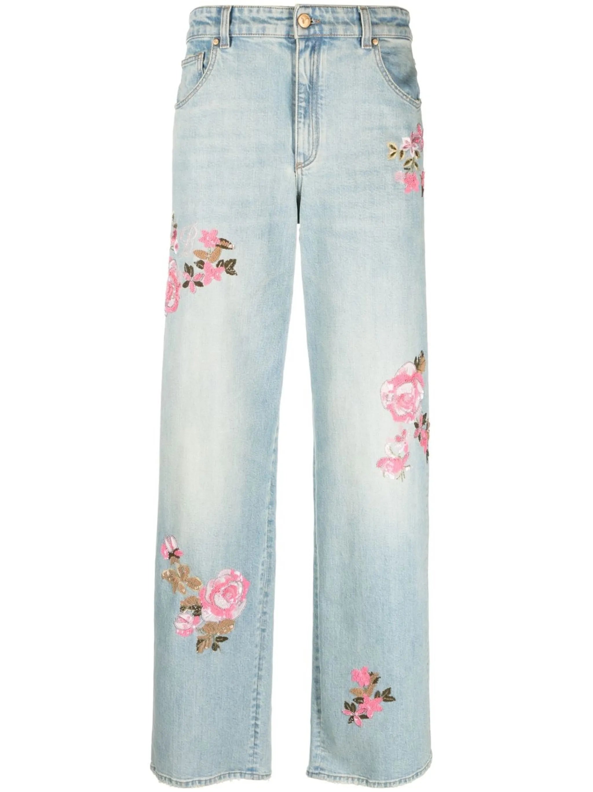 floral-embroidered straight-leg jeans