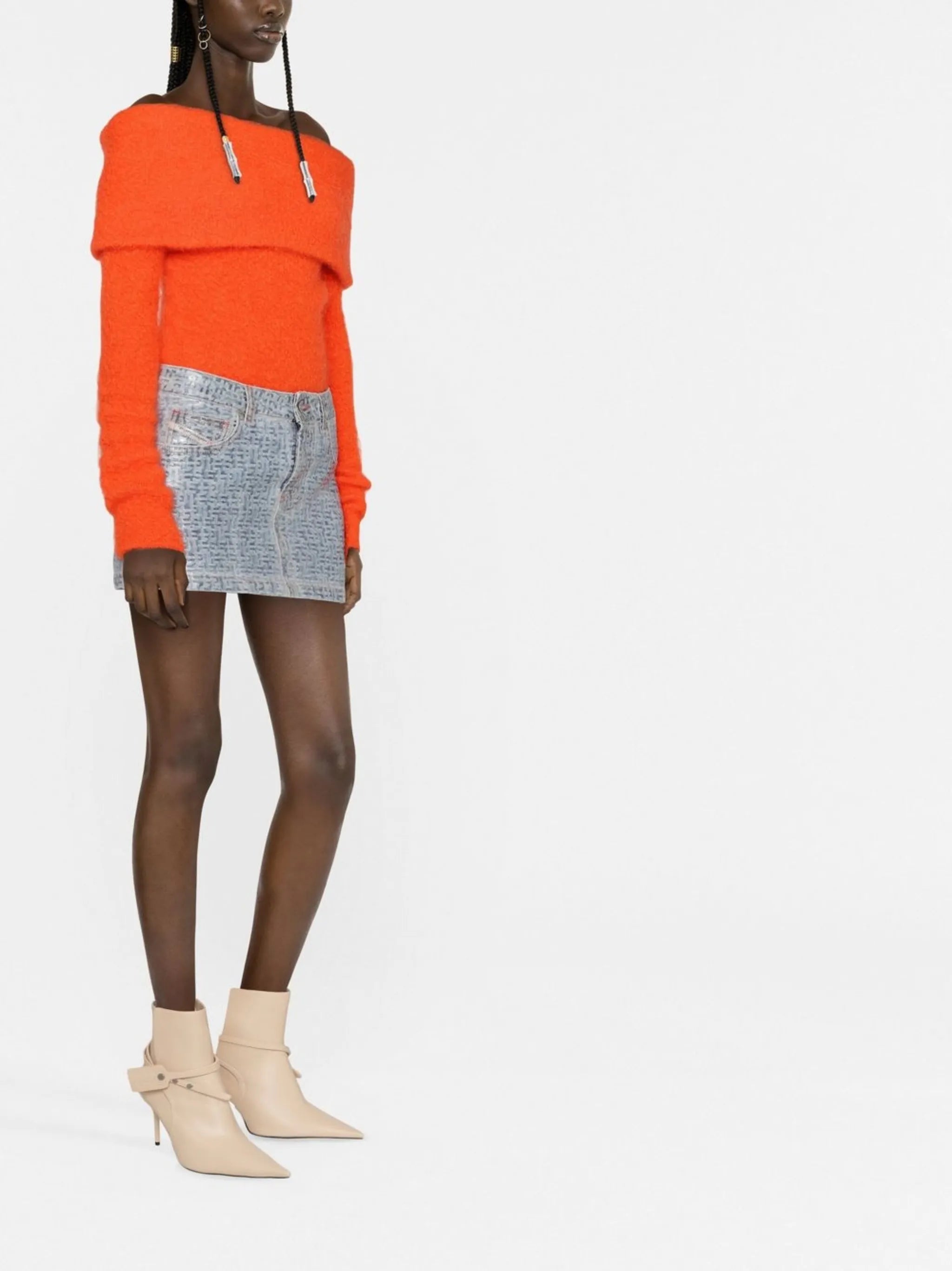 printed denim miniskirt