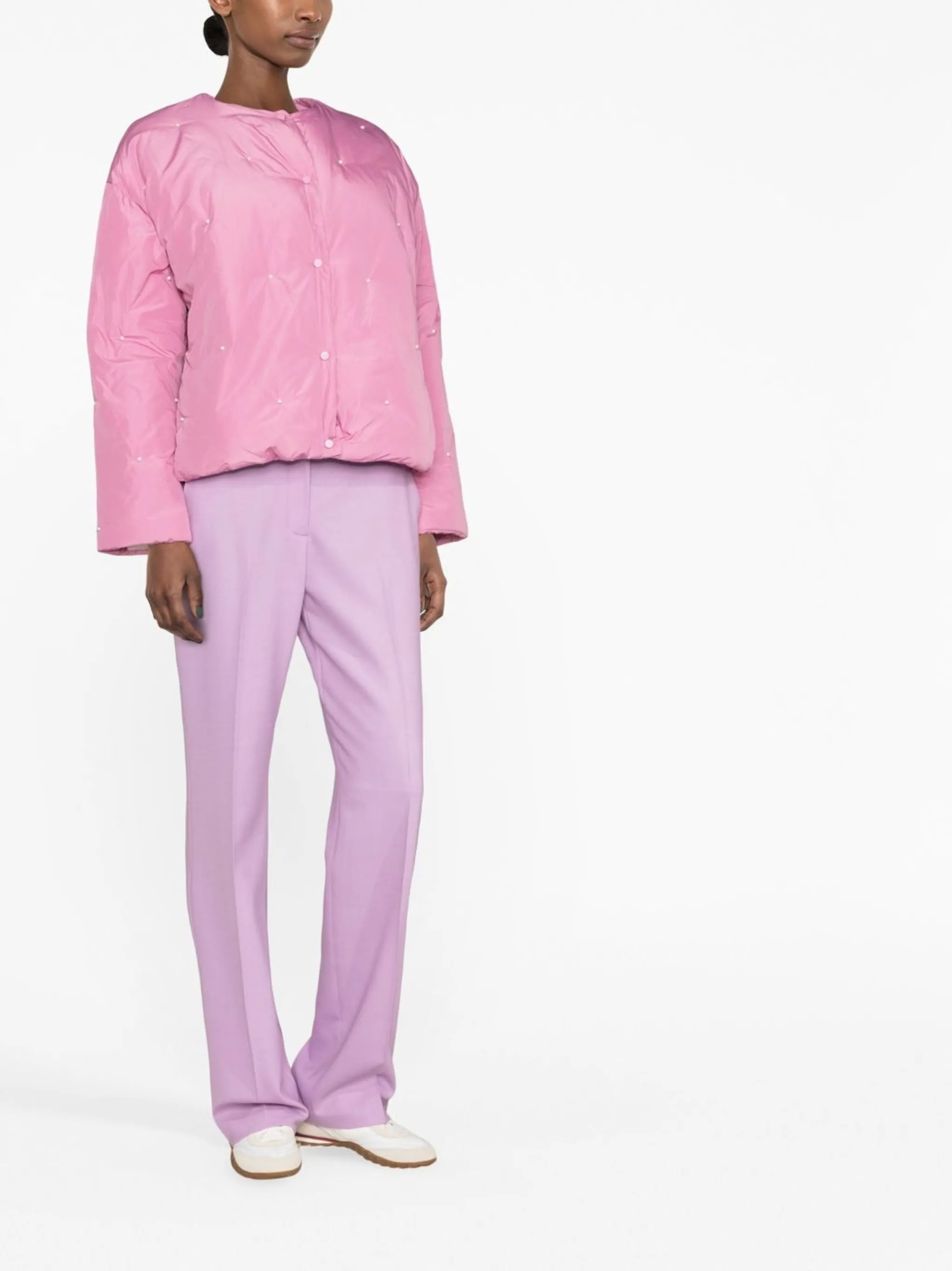 faux pearl-embellished puffer jacket