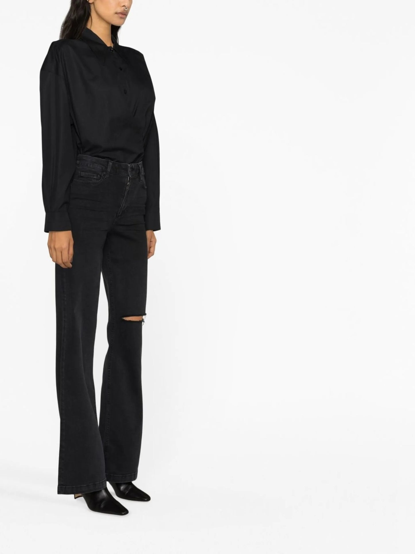 high-rise distressed flared jeans