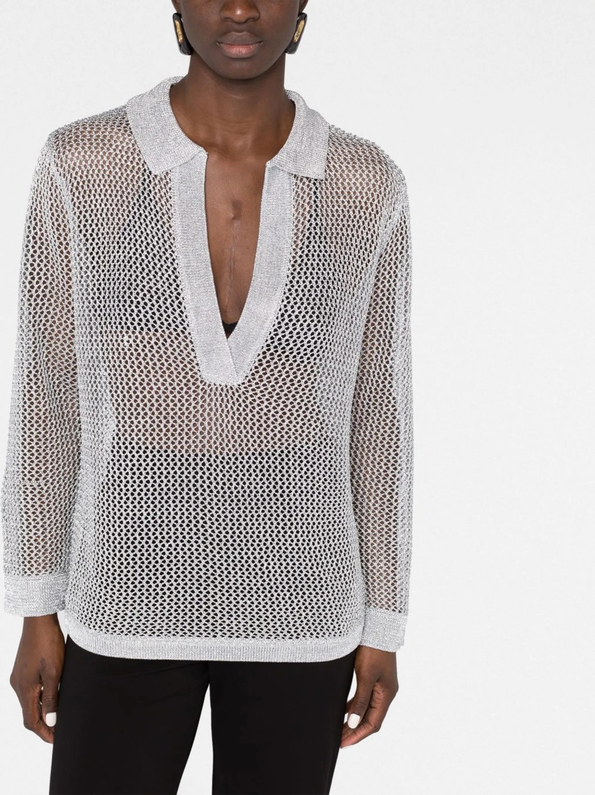 metallic-thread knitted polo shirt