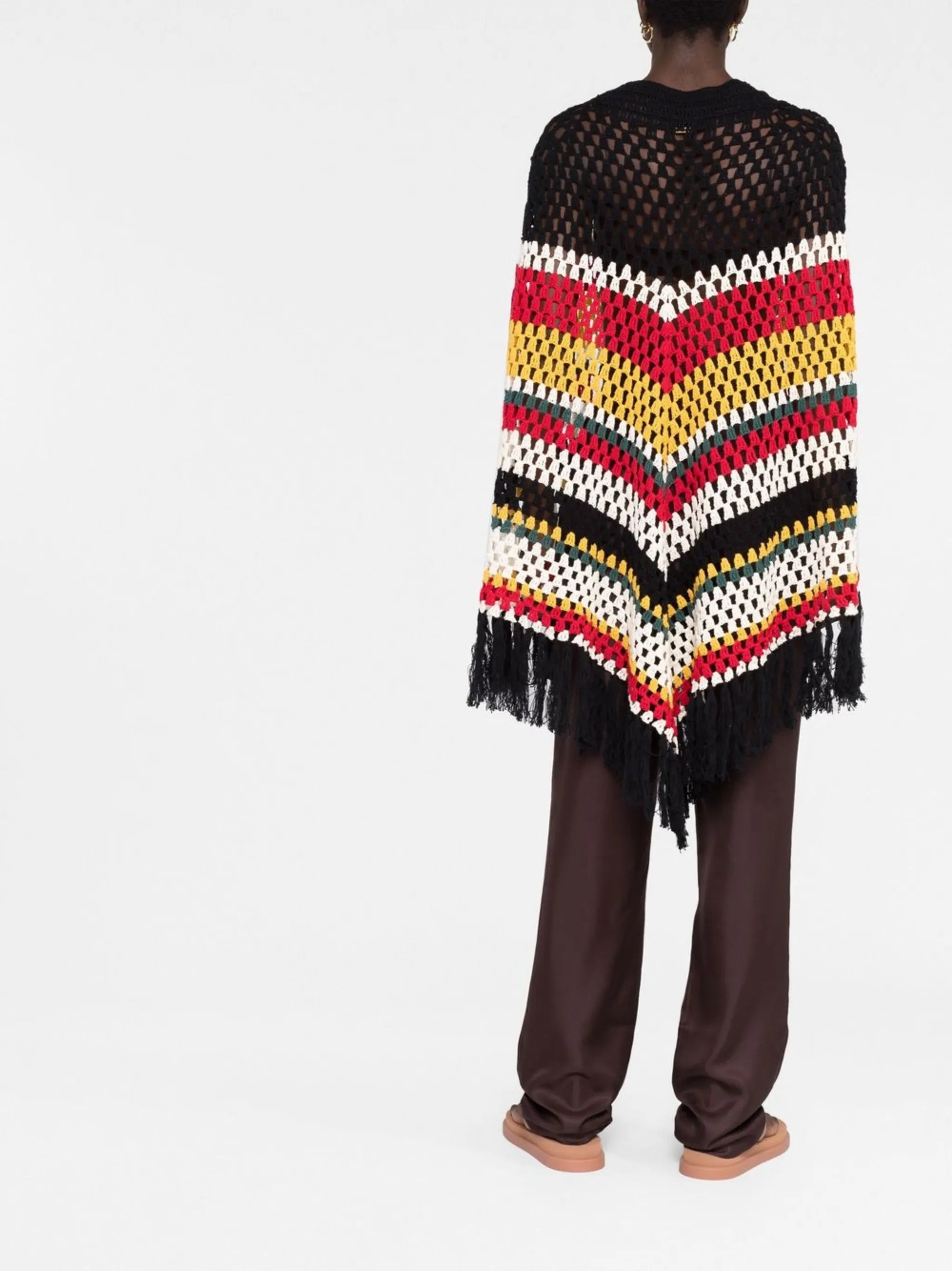 crochet-knit fringed-edge cape