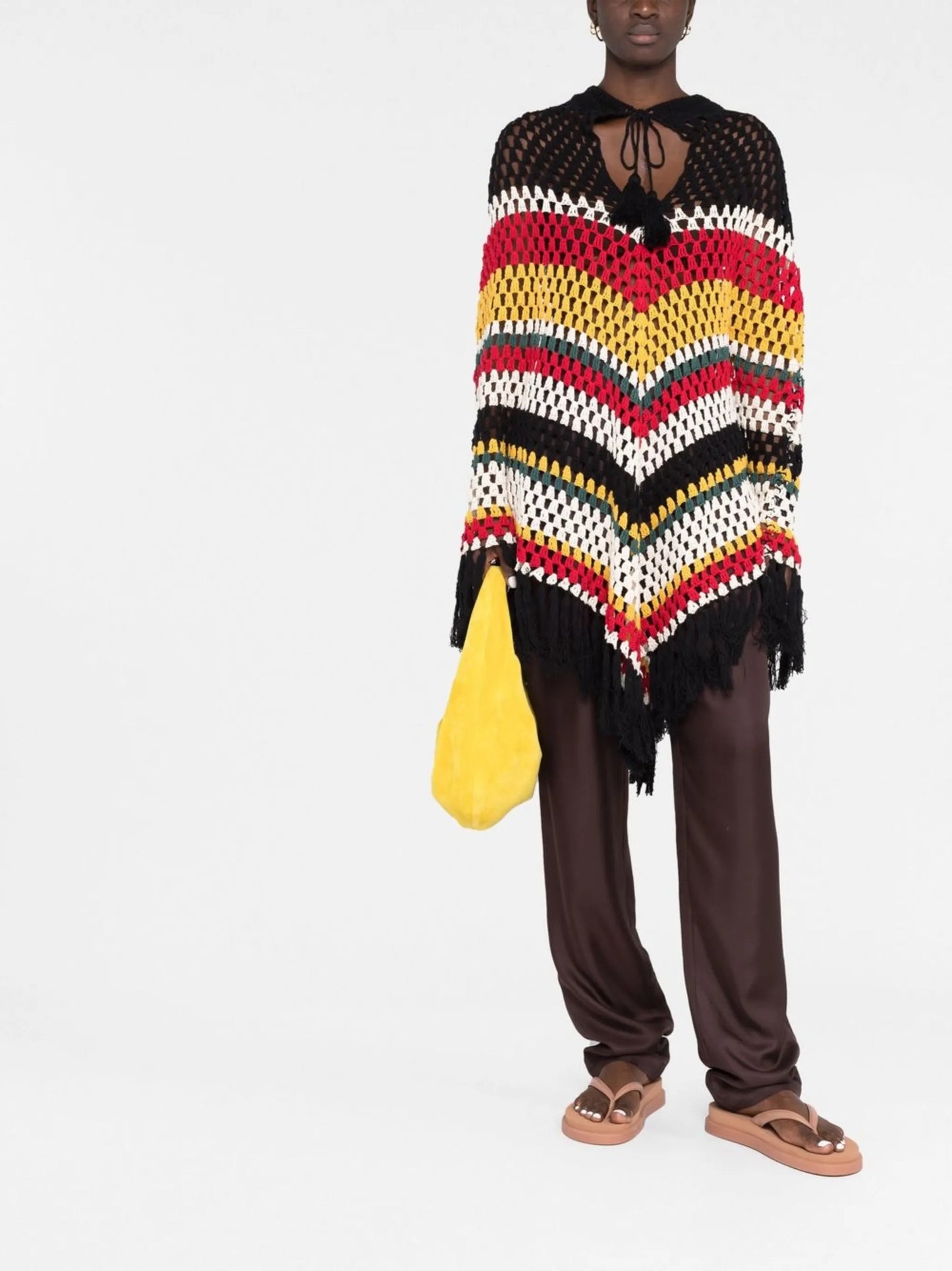 crochet-knit fringed-edge cape