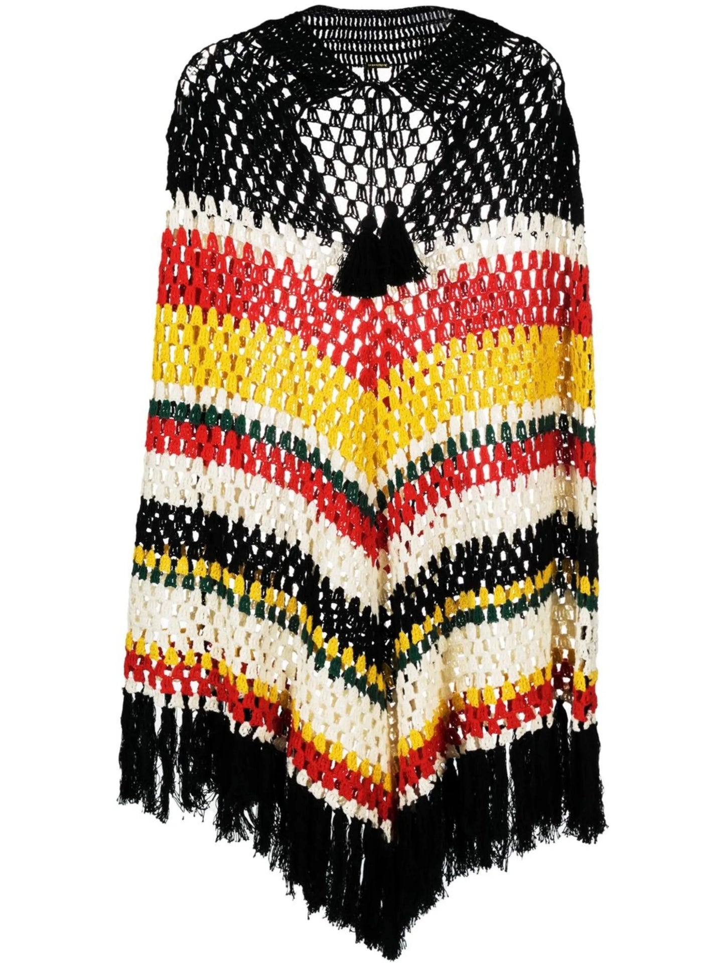 crochet-knit fringed-edge cape