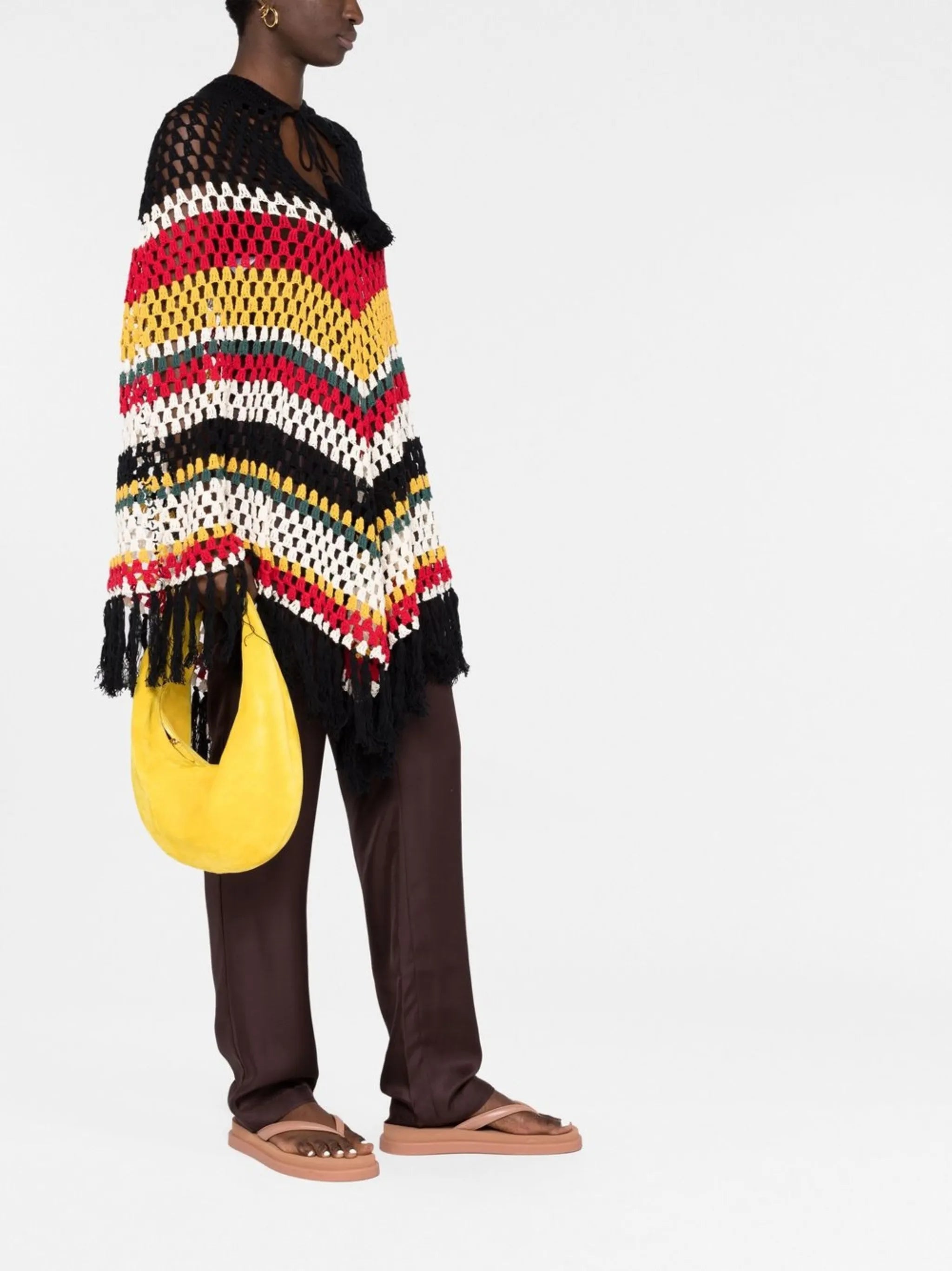 crochet-knit fringed-edge cape