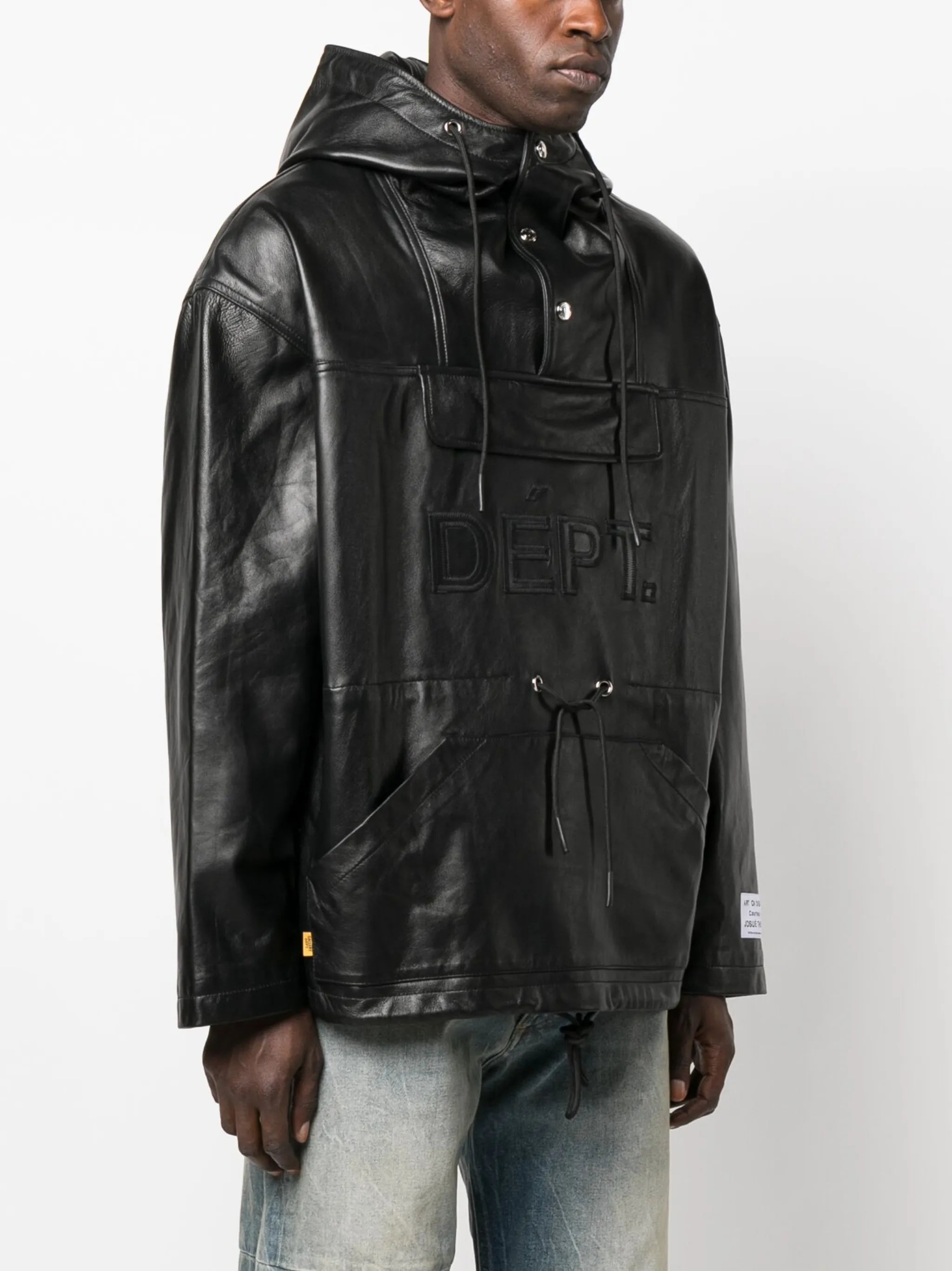 logo-appliqué leather hooded jacket