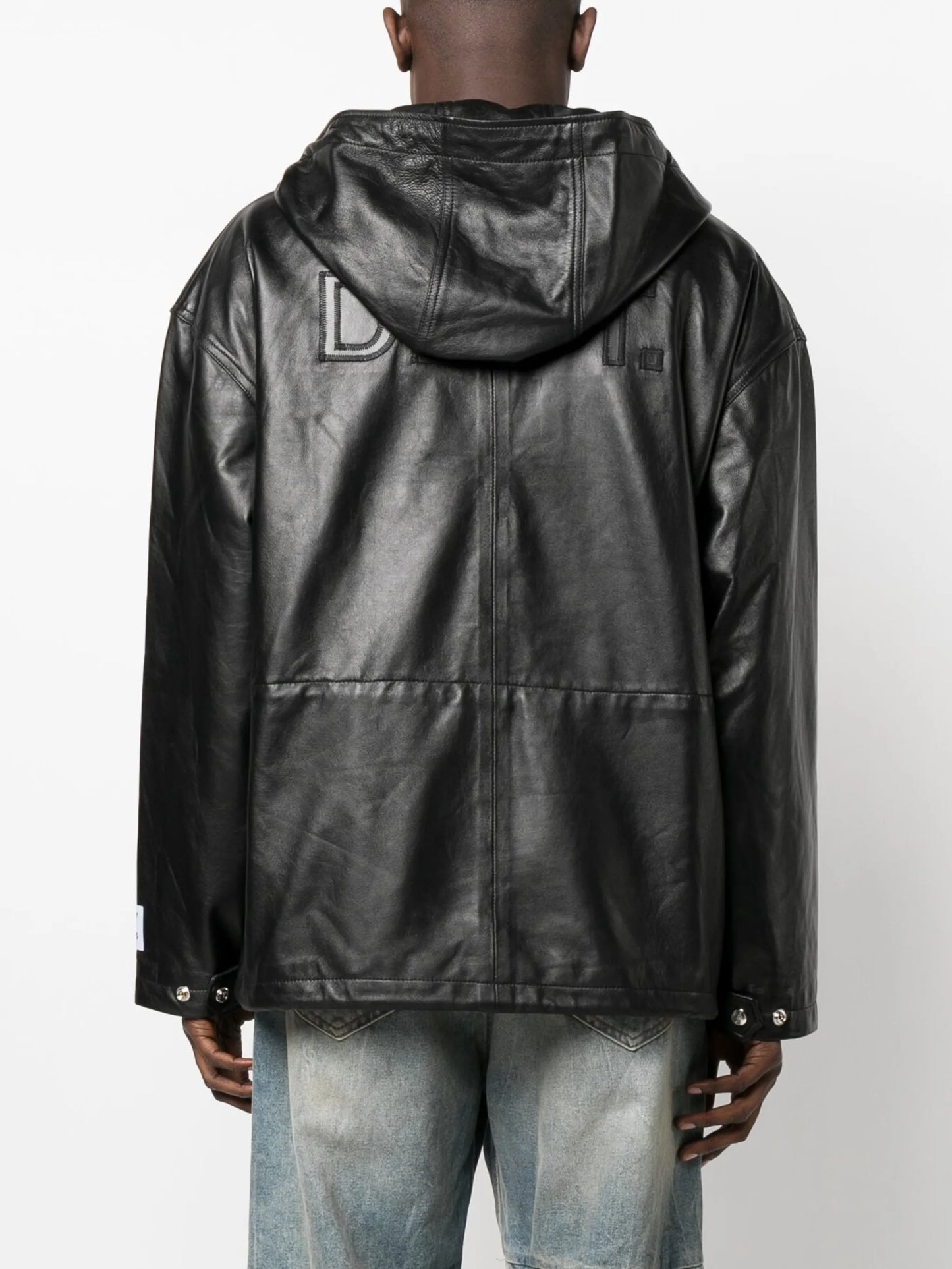 logo-appliqué leather hooded jacket