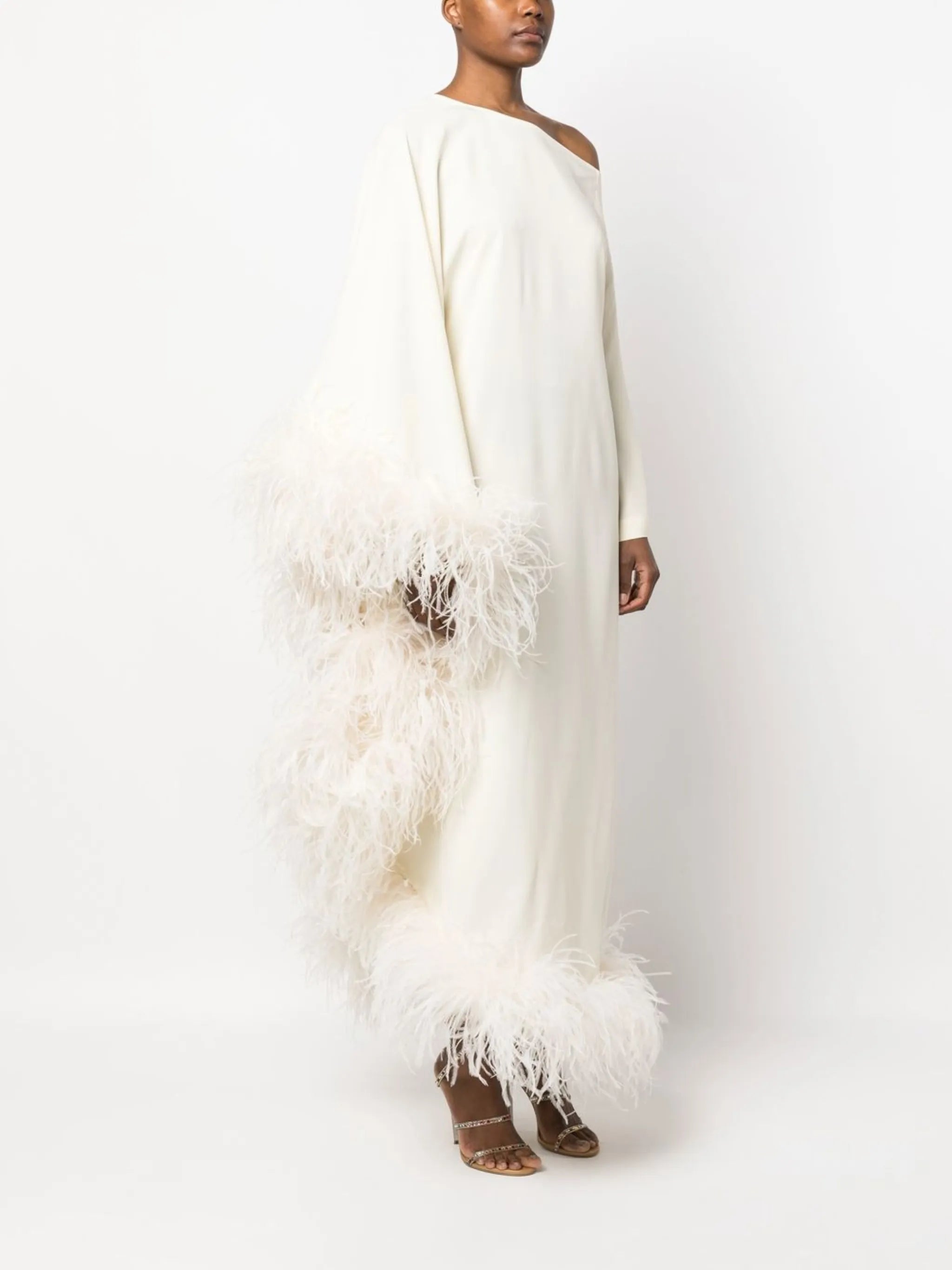 Ubud Extravaganza feather-trim gown