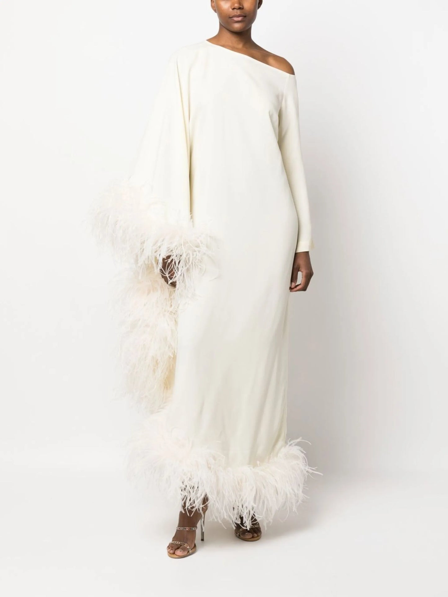 Ubud Extravaganza feather-trim gown