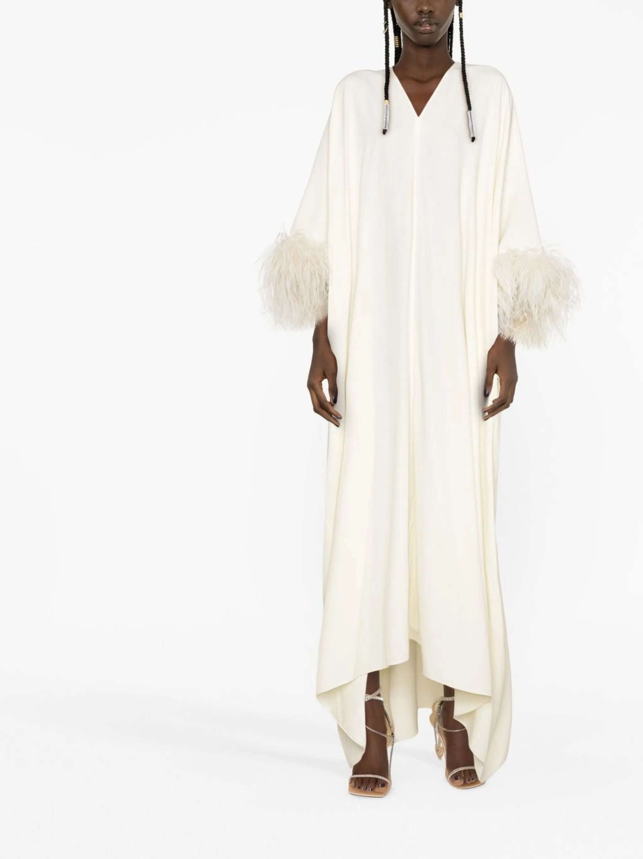 feather-cuffs long dress