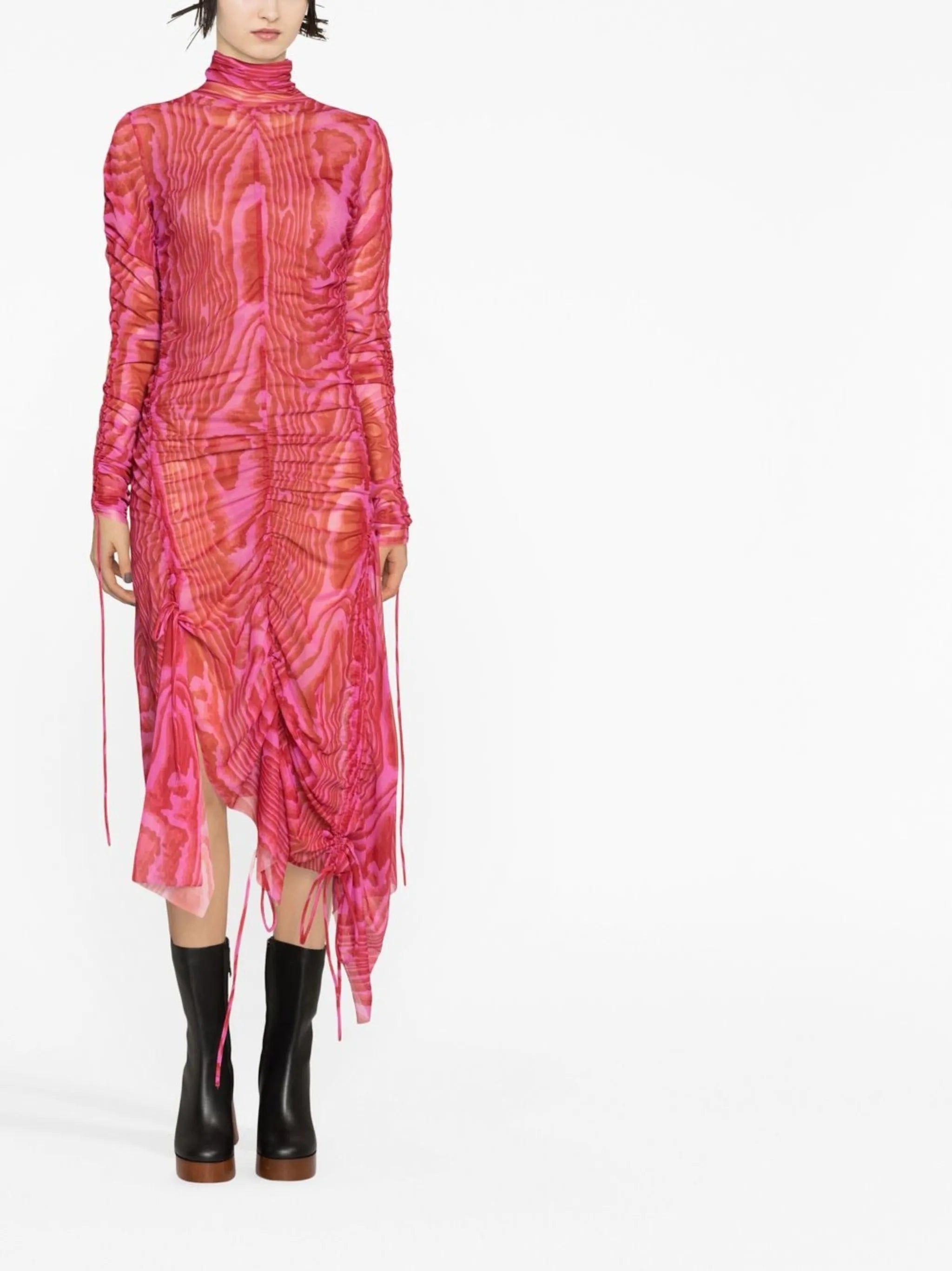 abstract-print gathered long-sleeve dress