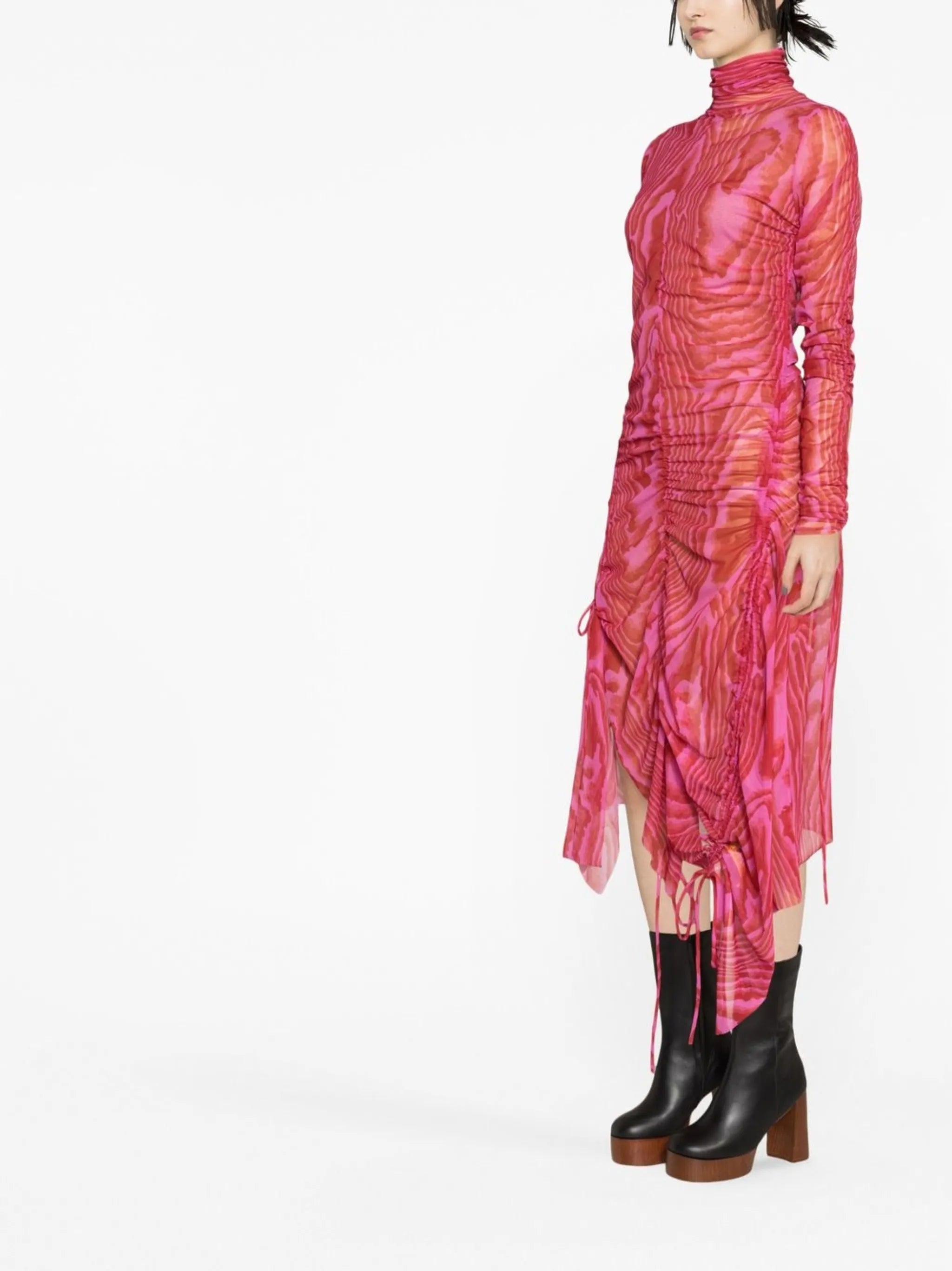 abstract-print gathered long-sleeve dress