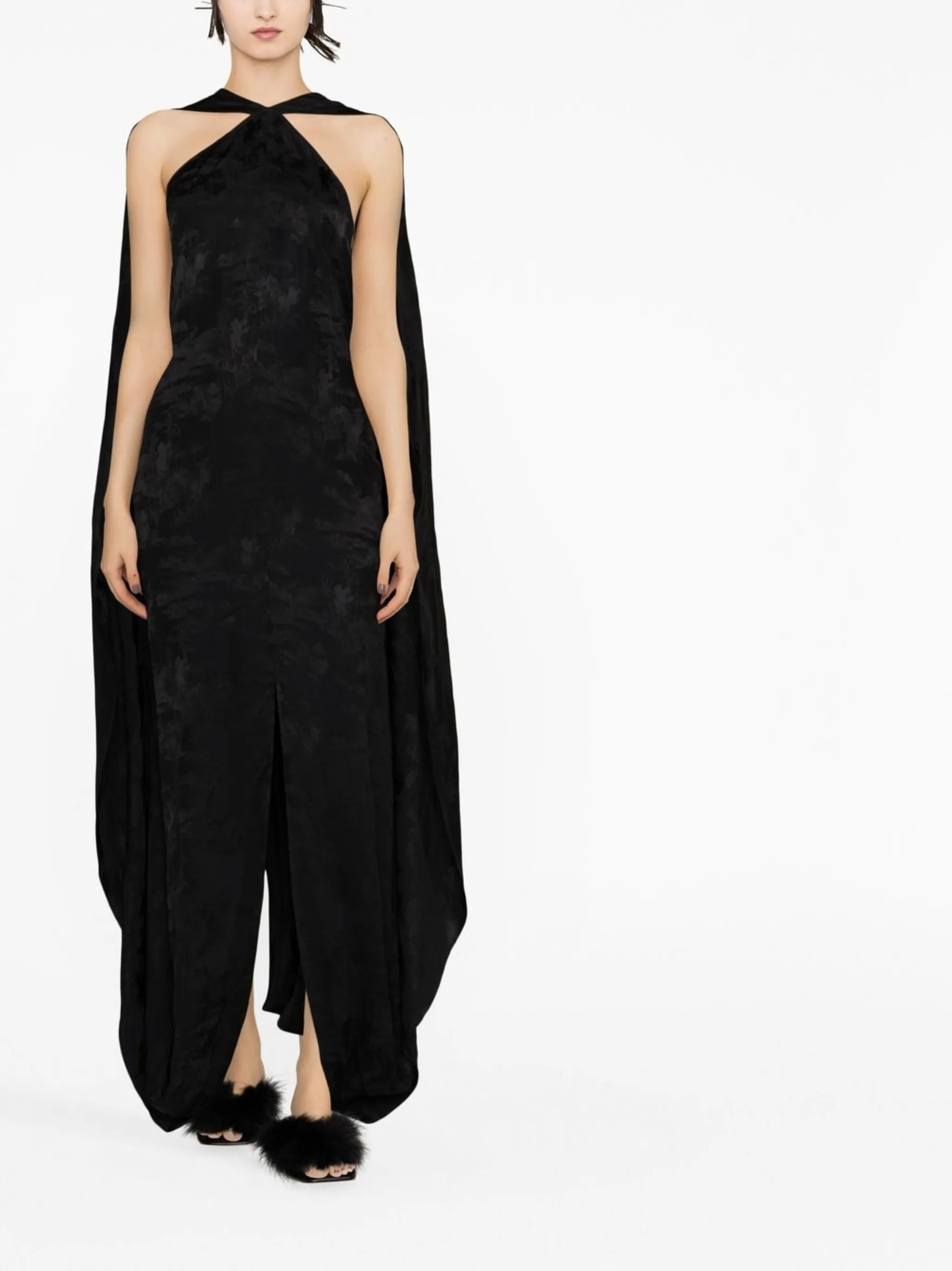 cape-style sleeveless gown